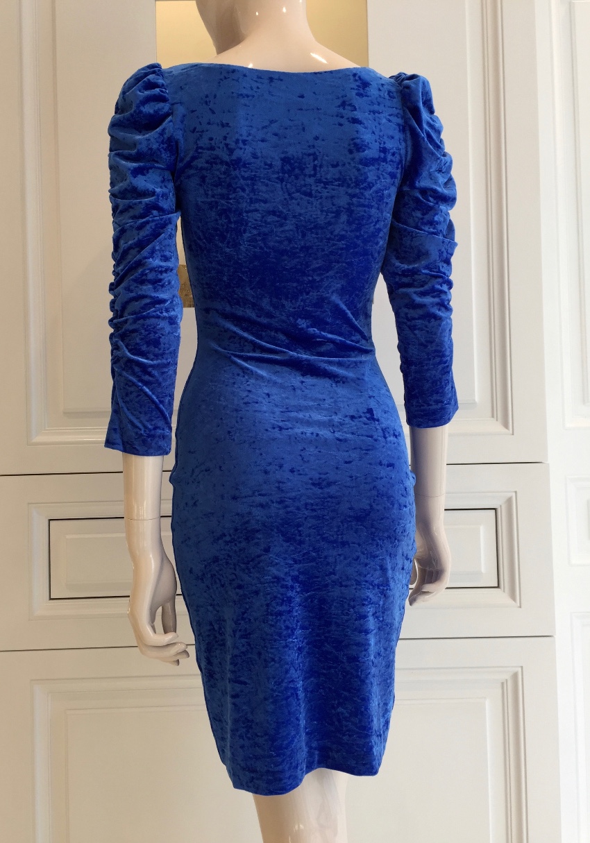 French Couture Electric Blue Panne Velvet Dress Size S