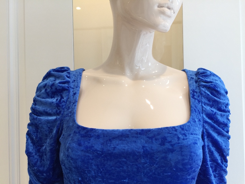 French Couture Electric Blue Panne Velvet Dress Size S