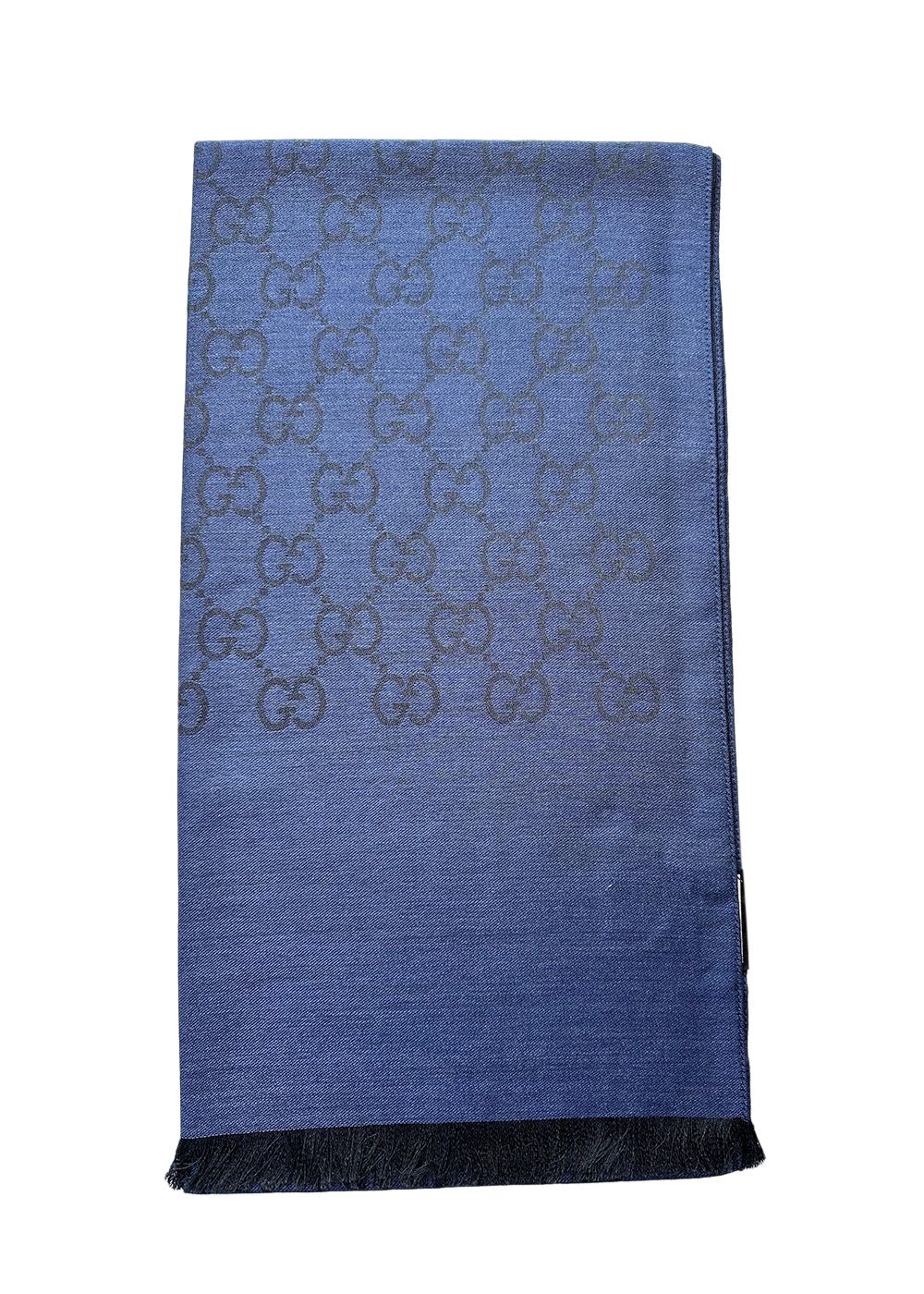 Gucci Blue Monogram Wool Blend Shawl Night Blue/Black wool/silk