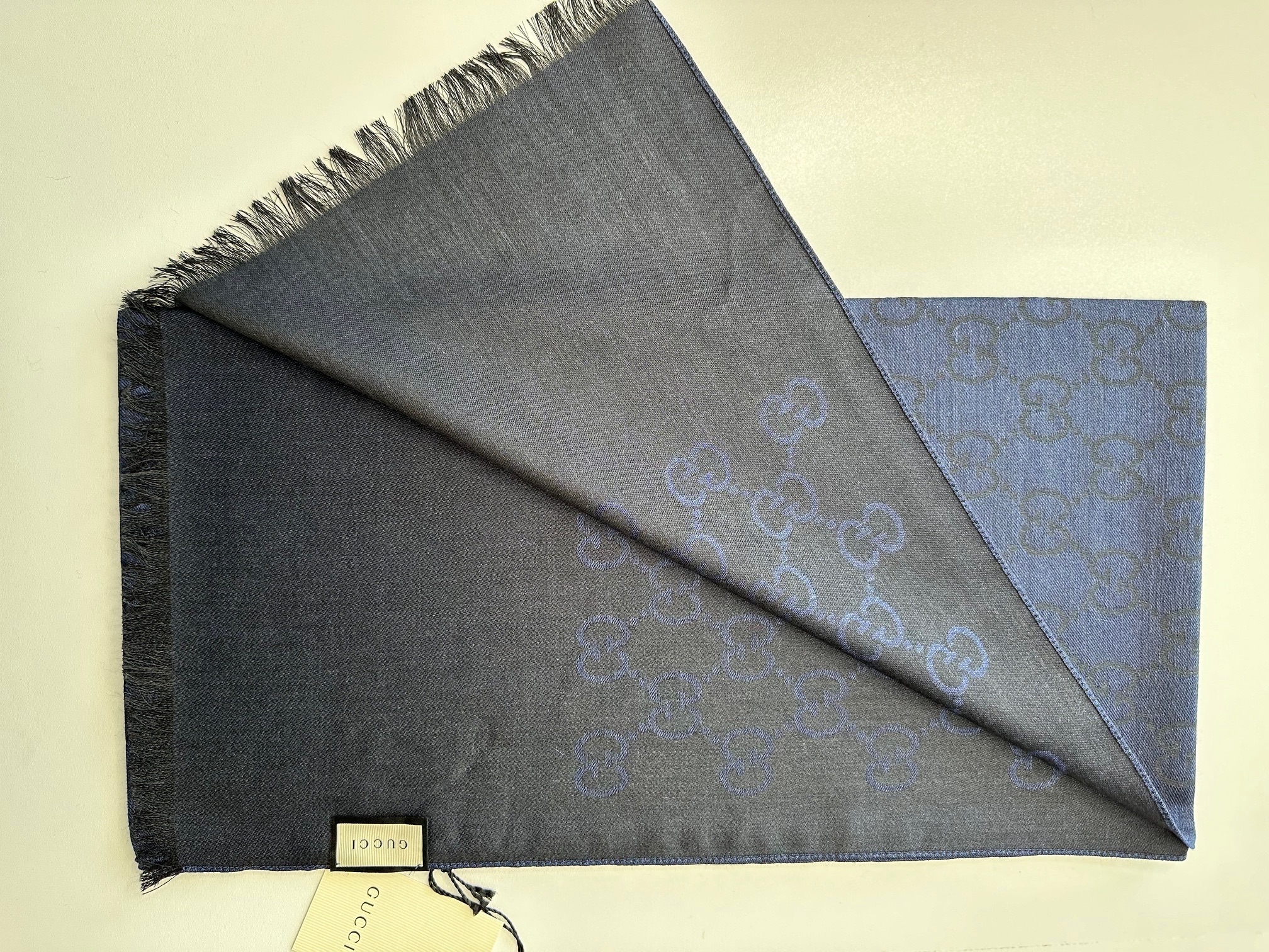 Gucci Blue Monogram Wool Blend Shawl Night Blue/Black wool/silk