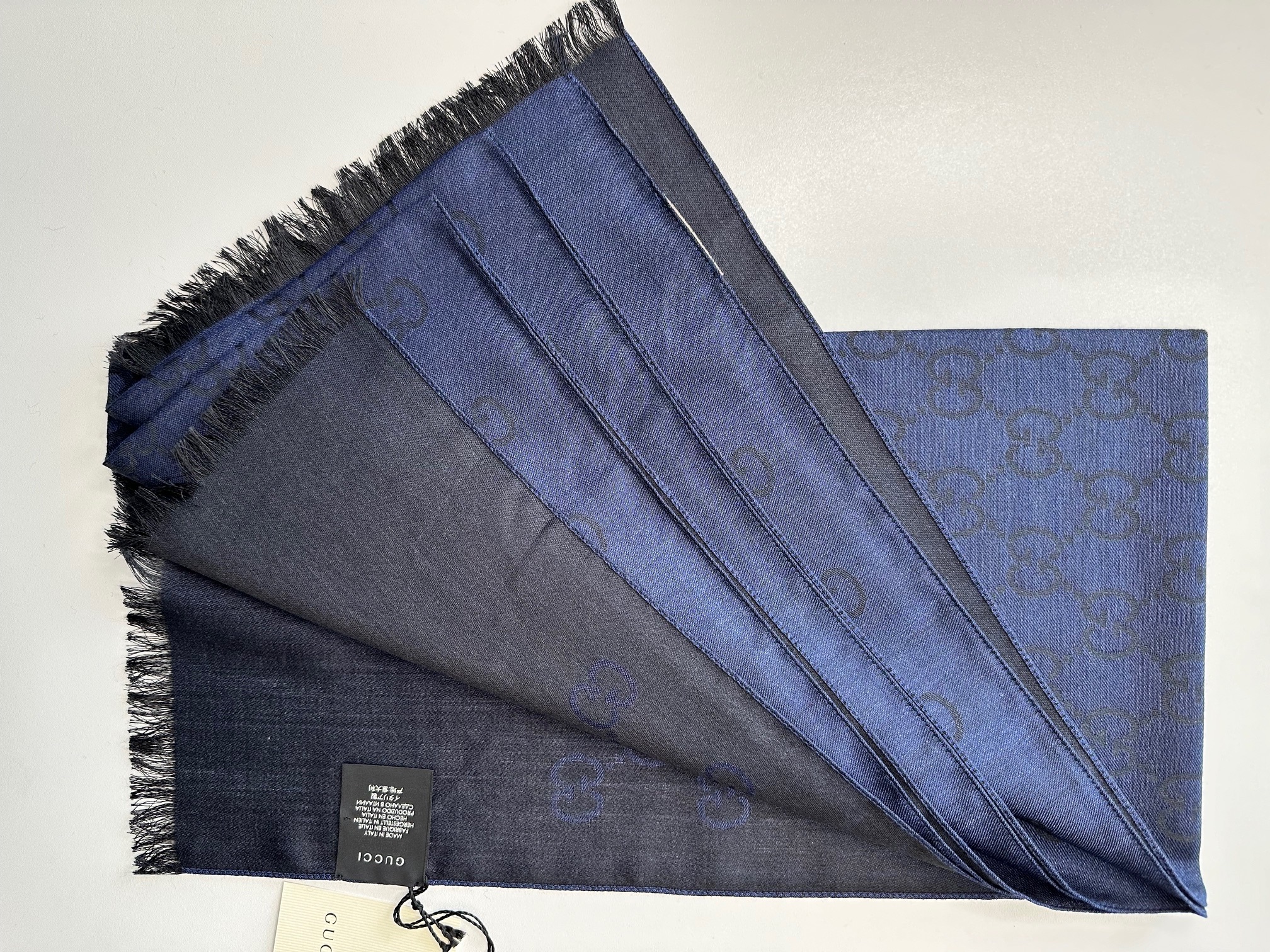 Gucci Blue Monogram Wool Blend Shawl Night Blue/Black wool/silk