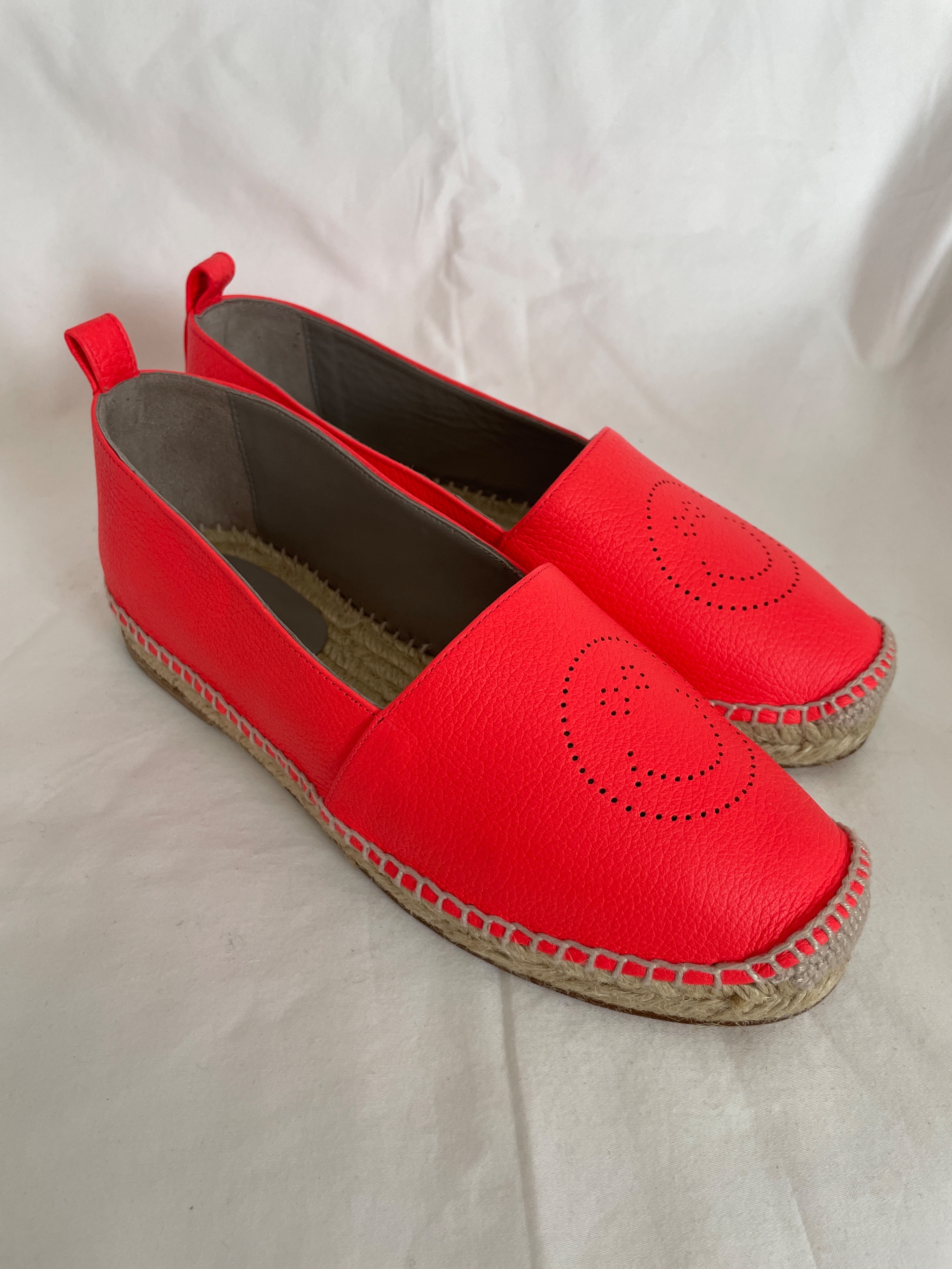 Anya Hindmarch Smiley Neon Coral Leather Espadrille Size 38