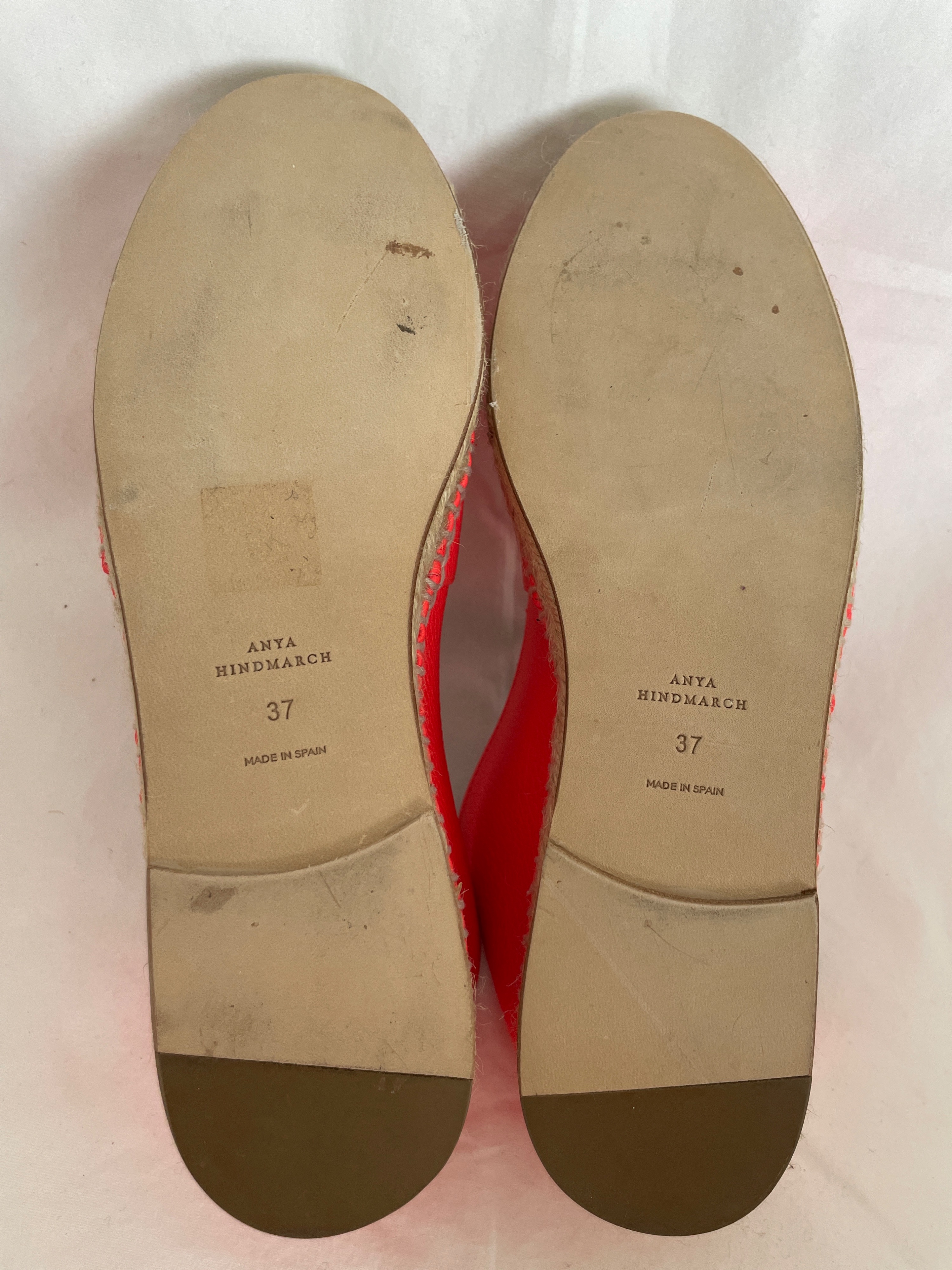 Anya Hindmarch Smiley Neon Coral Leather Espadrille Size 38