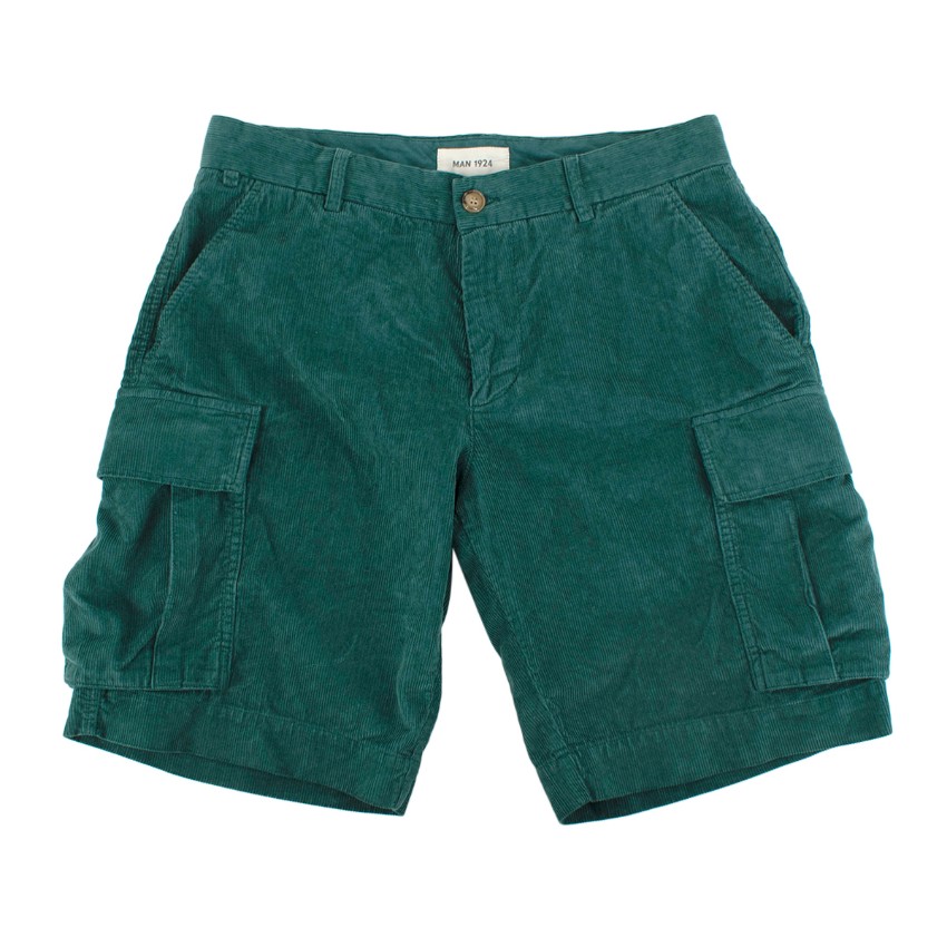 Men's Preowned MAN 1924 Emerald Green Cotton Corduroy Cargo Shorts Size 30