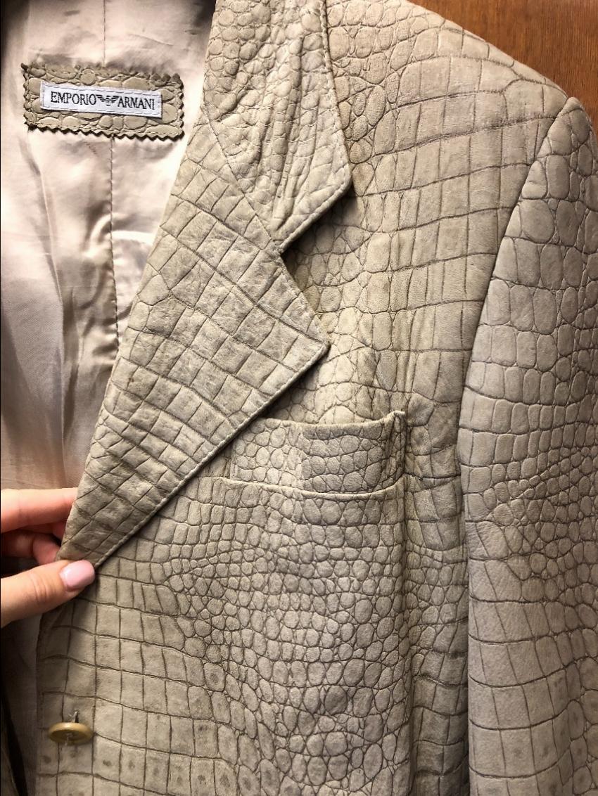 Preowned Emporio Armani Suede Croc Embossed Jacket Size XL Beige/Nude