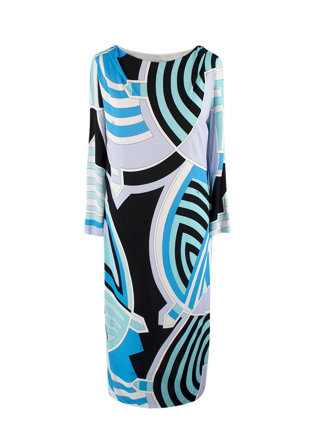 Preowned Emilio Pucci Blue Abstract Print Long Sleeve Midi Dress Size M Blue/Lilac/White/Black viscose