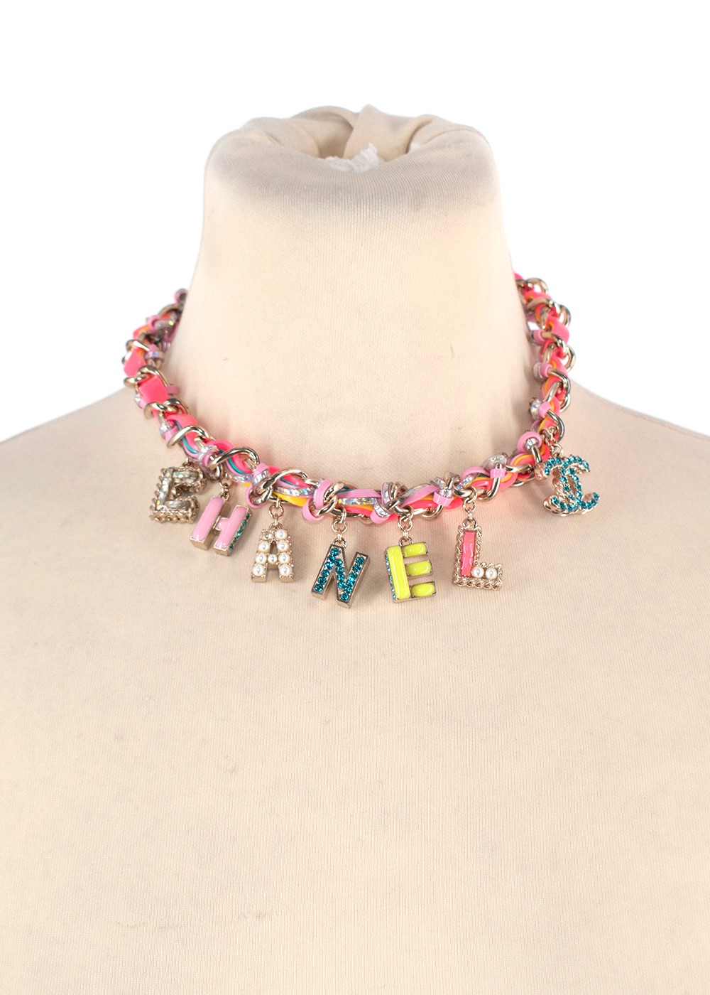 Preowned Chanel Multi-Coloured Embellished Gold Charm Chain Choker Necklace Pink metal