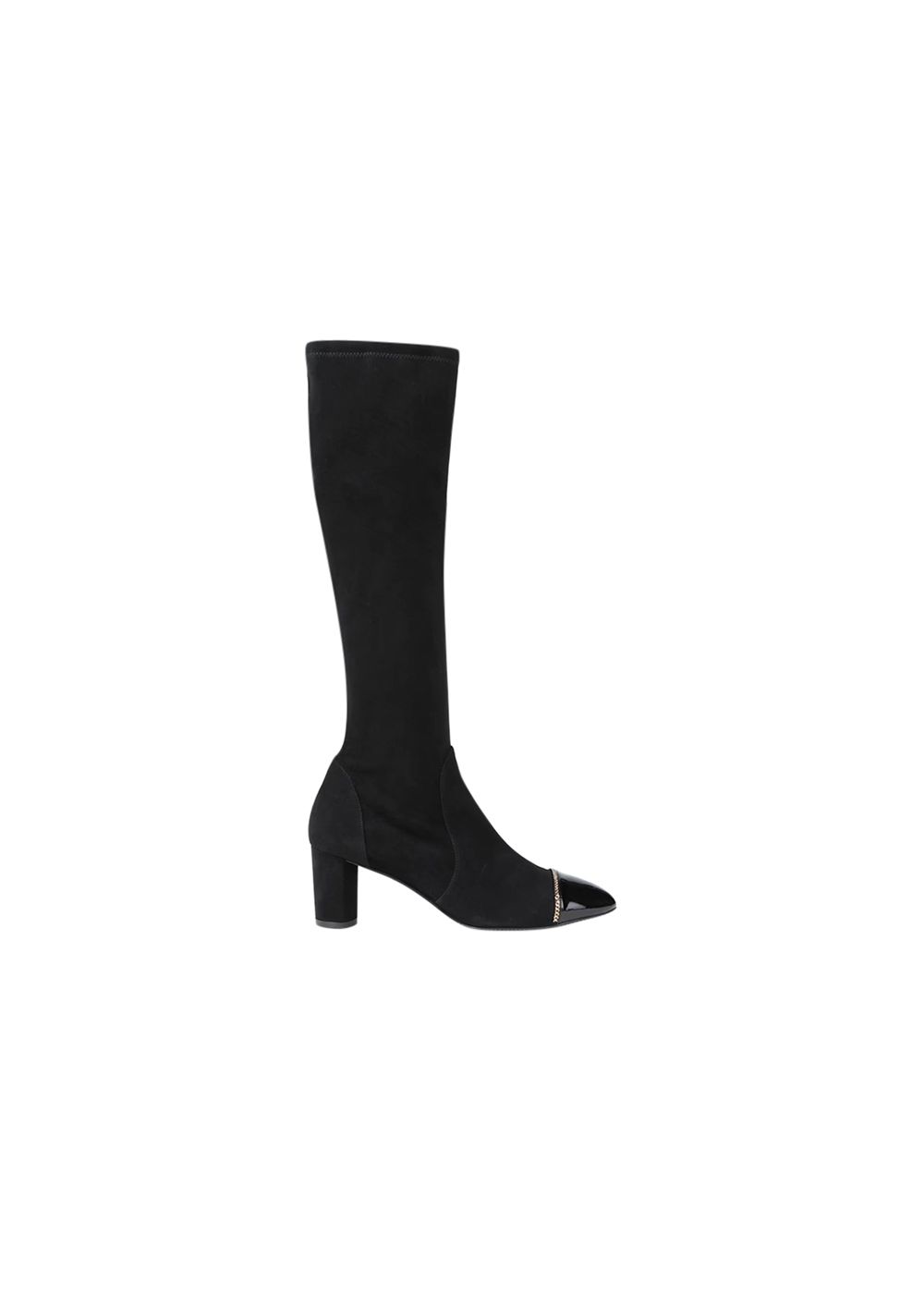 Stuart Weitzman Valerie 60 chain-trimmed patent-leather and stretch-suede knee boots Size 37 Black leather