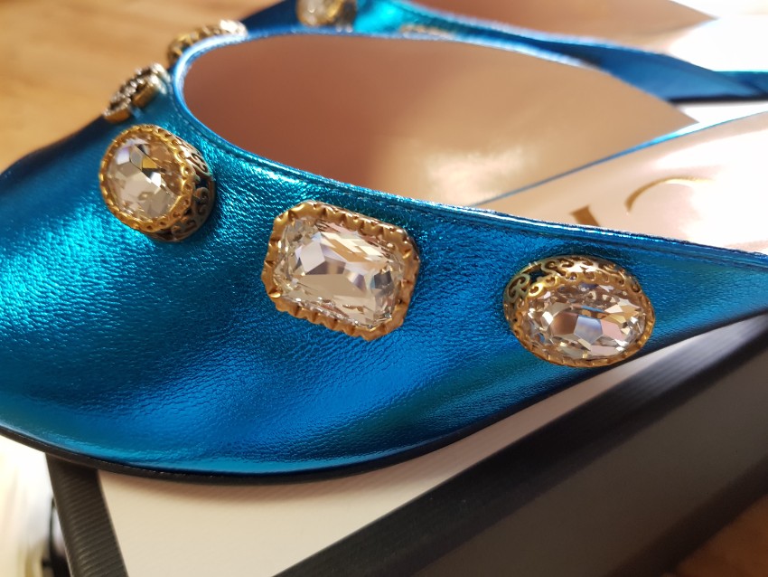 Gucci Metallic Turquoise Leather Lyric Mules Size 40 Blue