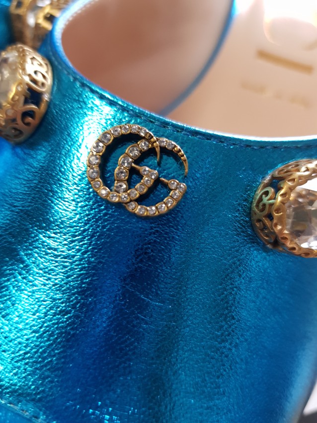 Gucci Metallic Turquoise Leather Lyric Mules Size 40 Blue