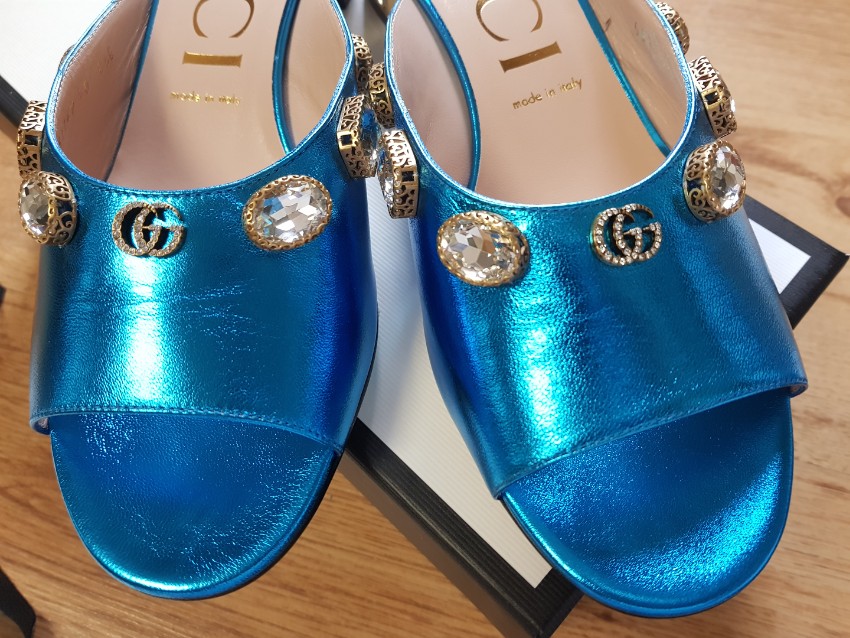 Gucci Metallic Turquoise Leather Lyric Mules Size 40 Blue