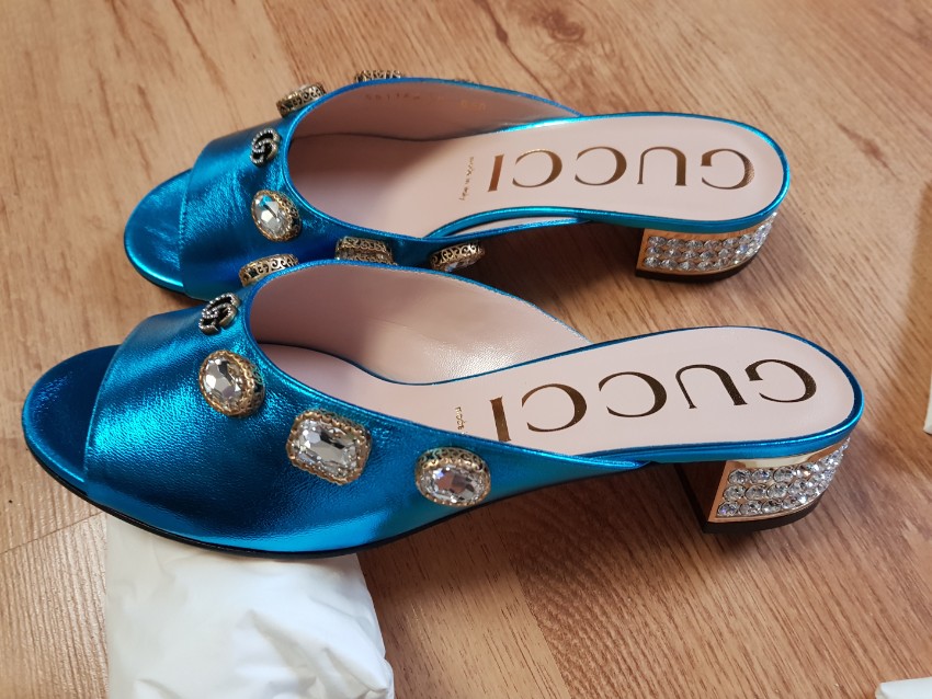 Gucci Metallic Turquoise Leather Lyric Mules Size 40 Blue