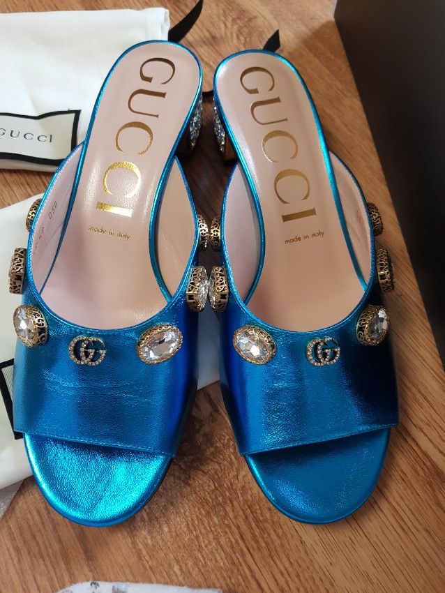 Gucci Metallic Turquoise Leather Lyric Mules Size 40 Blue