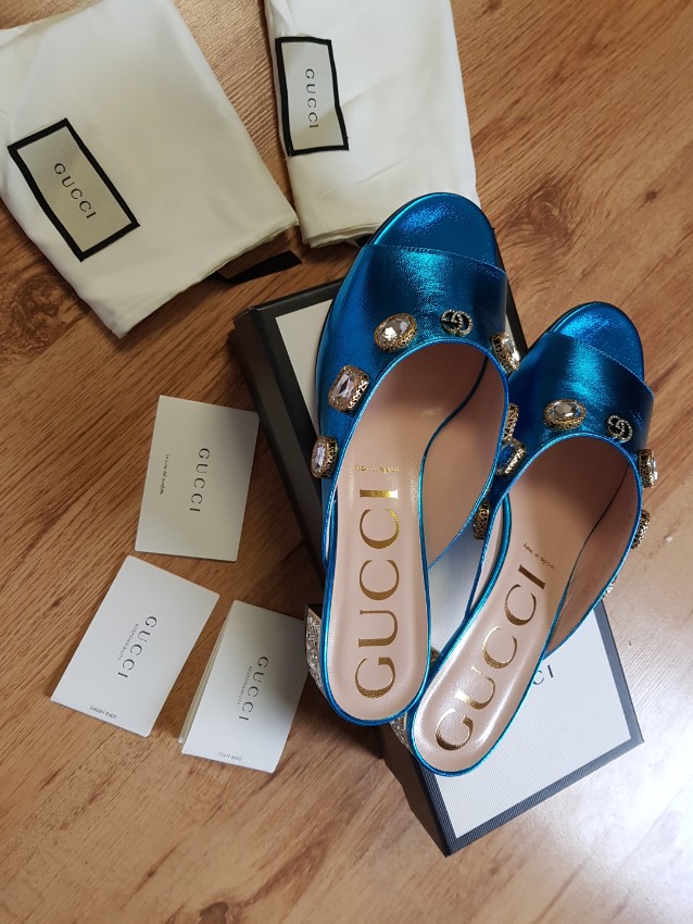 Gucci Metallic Turquoise Leather Lyric Mules Size 40 Blue