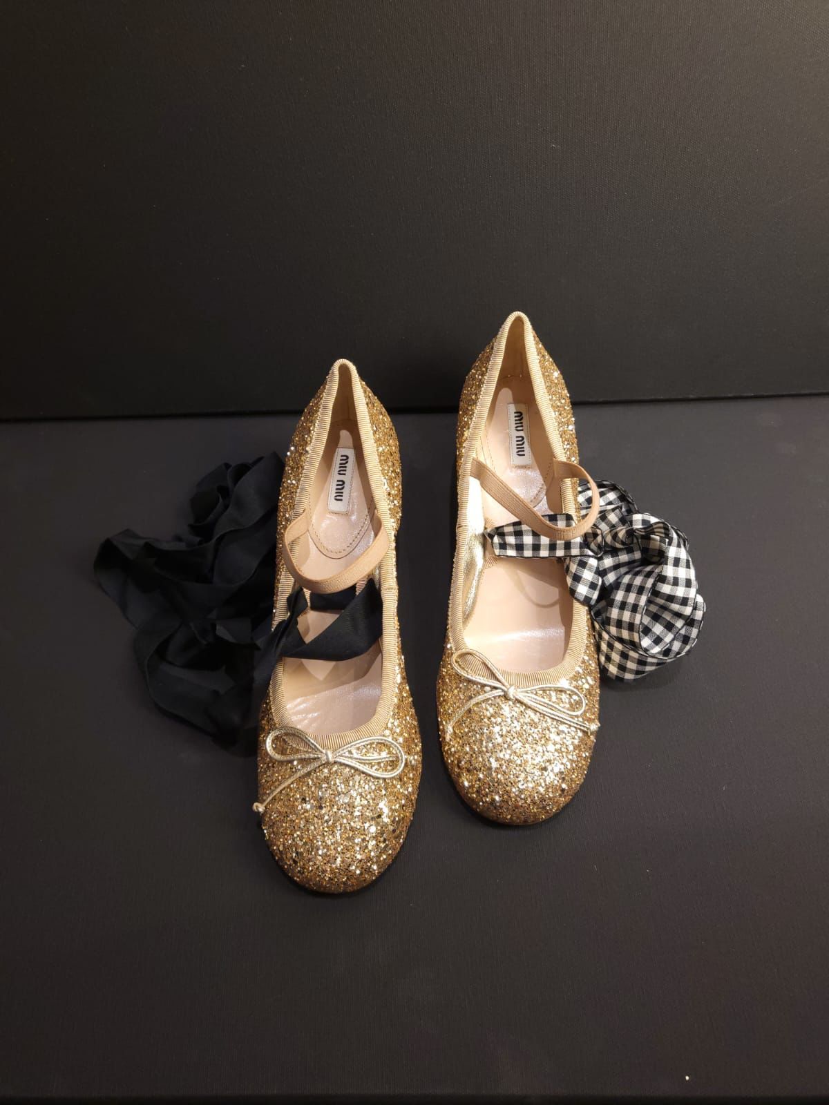 Miu Miu Gold Glitter Heeled Ballet Pumps Size 405