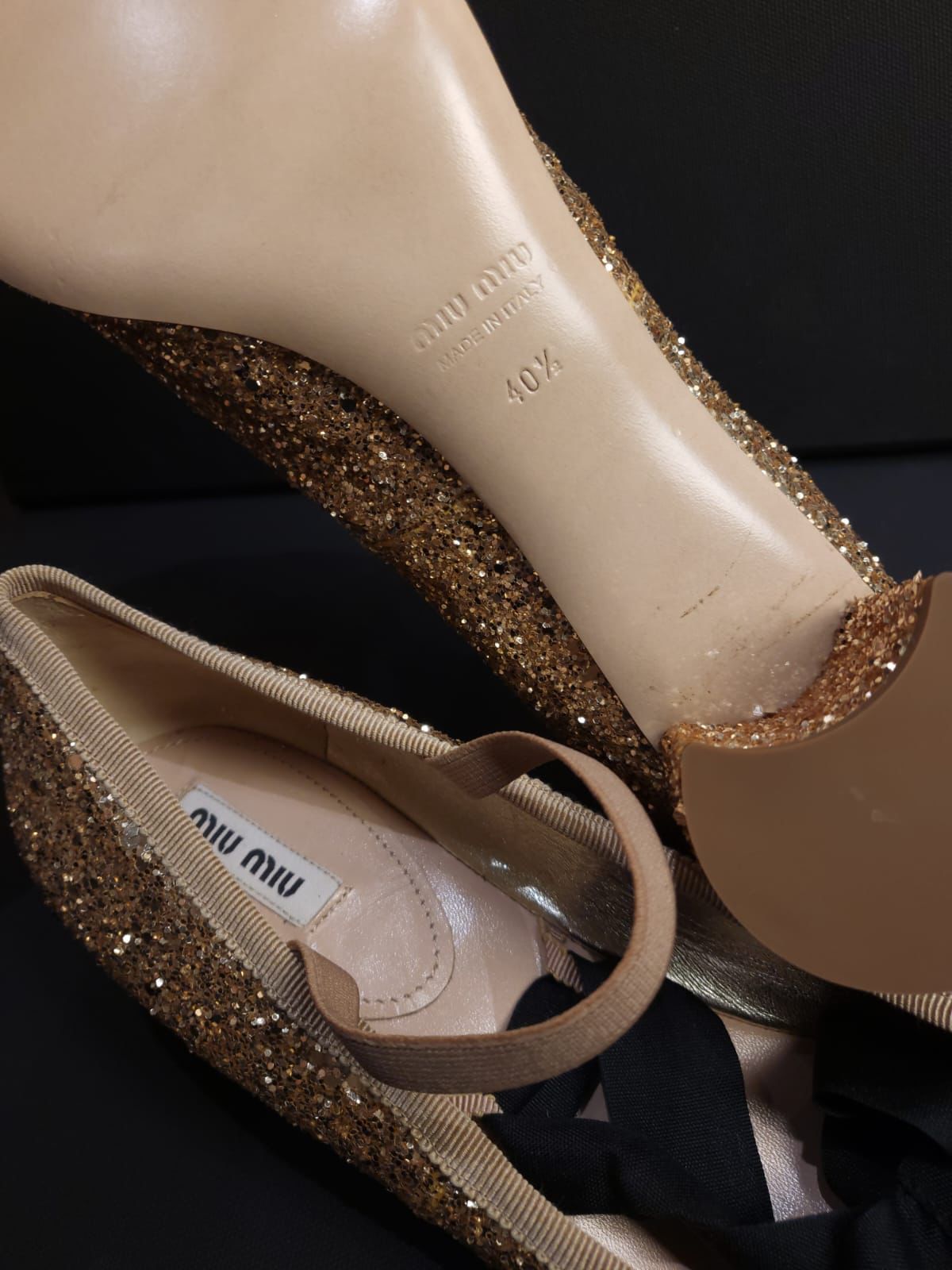 Miu Miu Gold Glitter Heeled Ballet Pumps Size 405