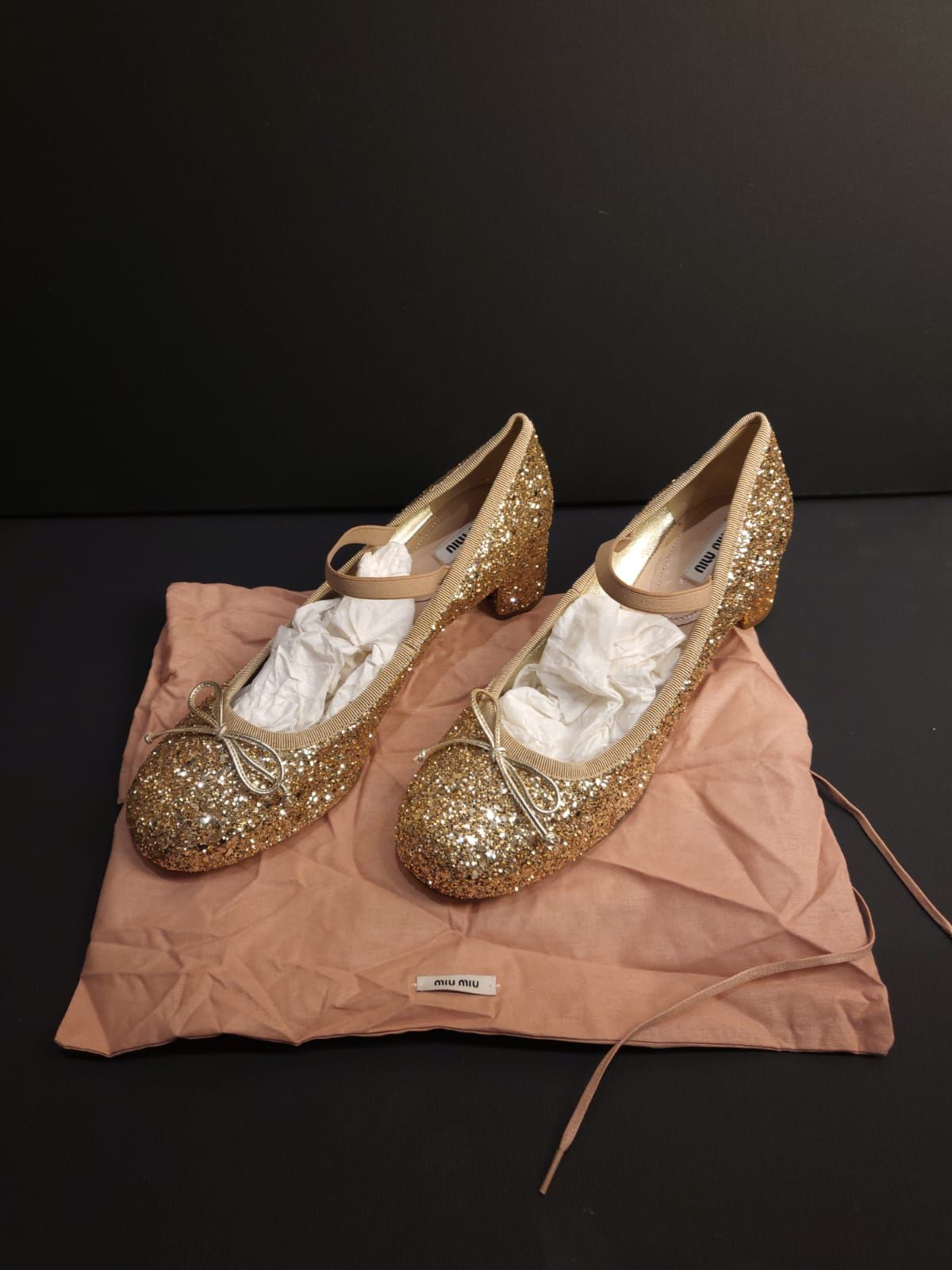 Miu Miu Gold Glitter Heeled Ballet Pumps Size 405