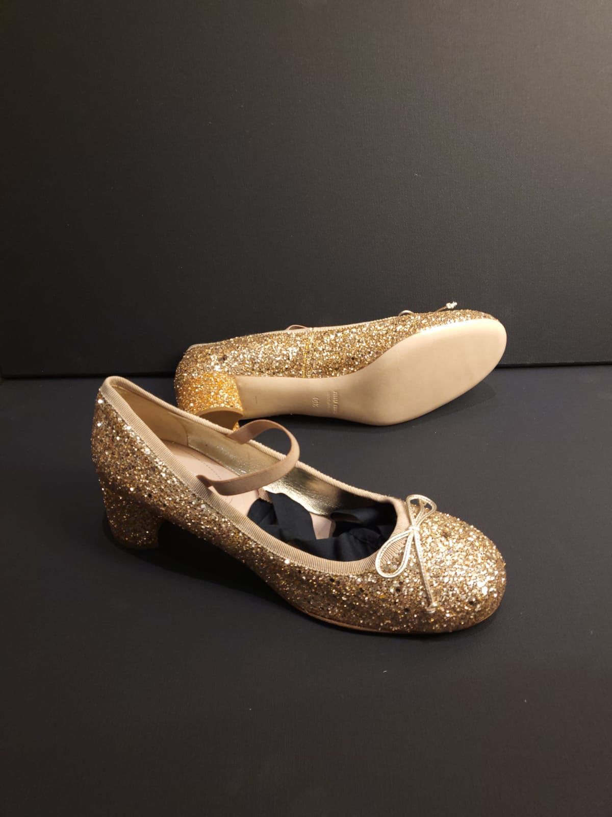 Miu Miu Gold Glitter Heeled Ballet Pumps Size 405