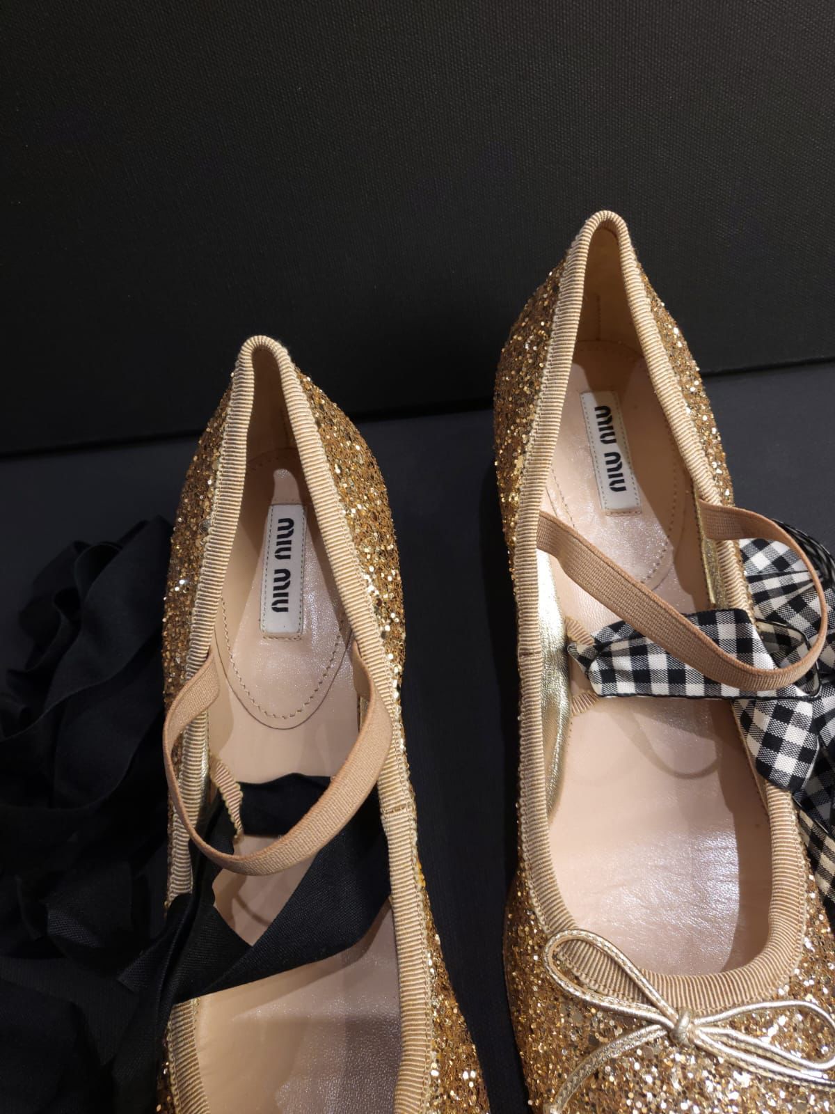 Miu Miu Gold Glitter Heeled Ballet Pumps Size 405