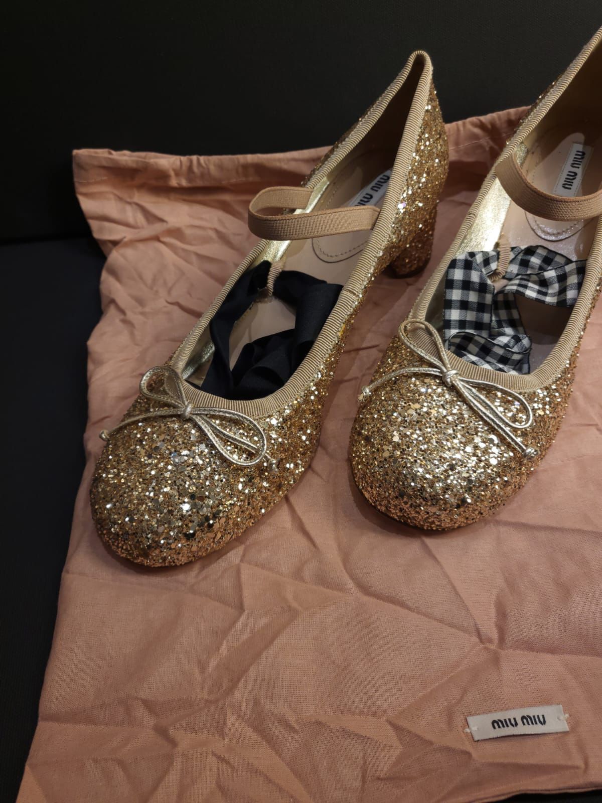 Miu Miu Gold Glitter Heeled Ballet Pumps Size 405