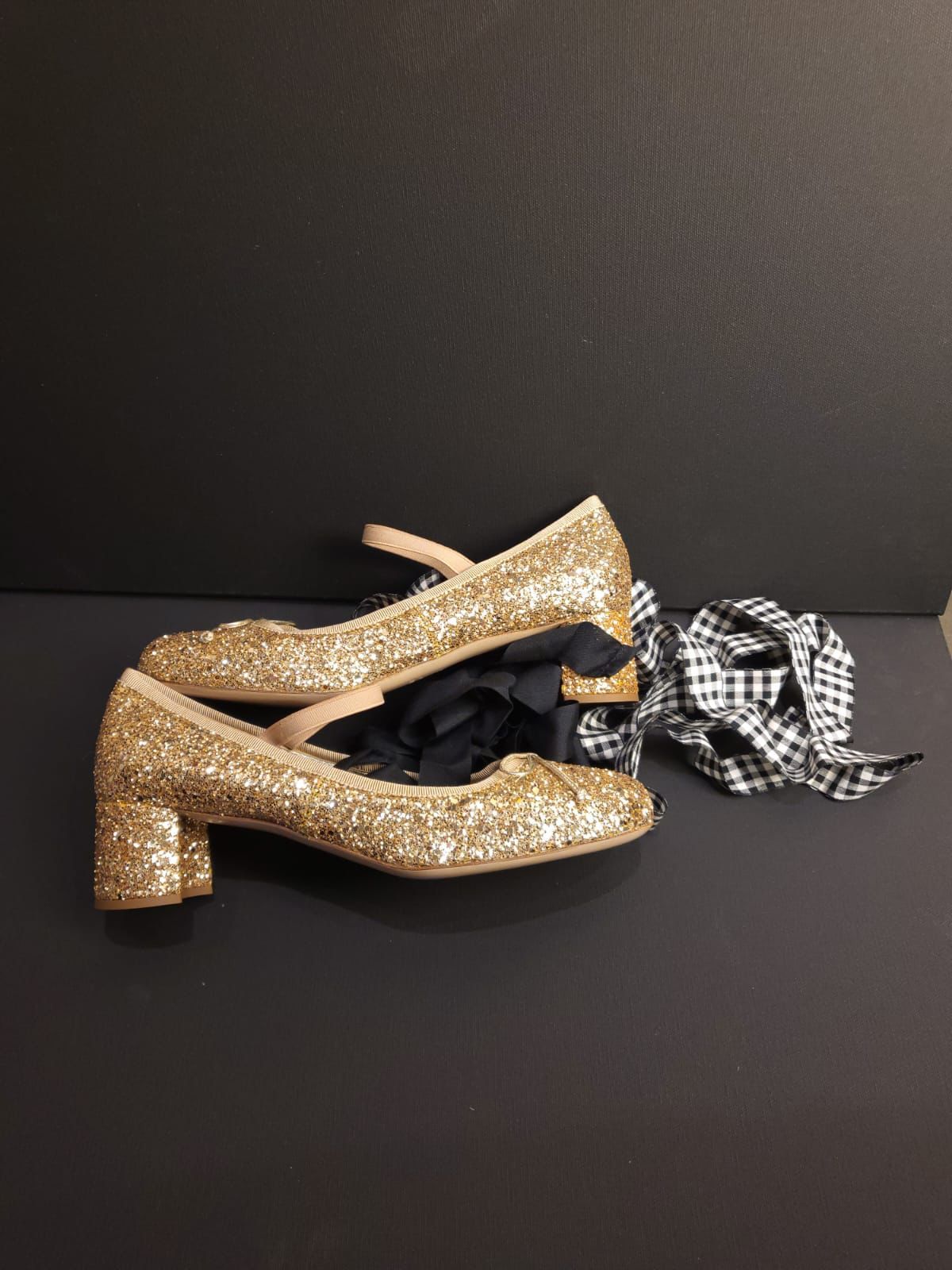 Miu Miu Gold Glitter Heeled Ballet Pumps Size 405