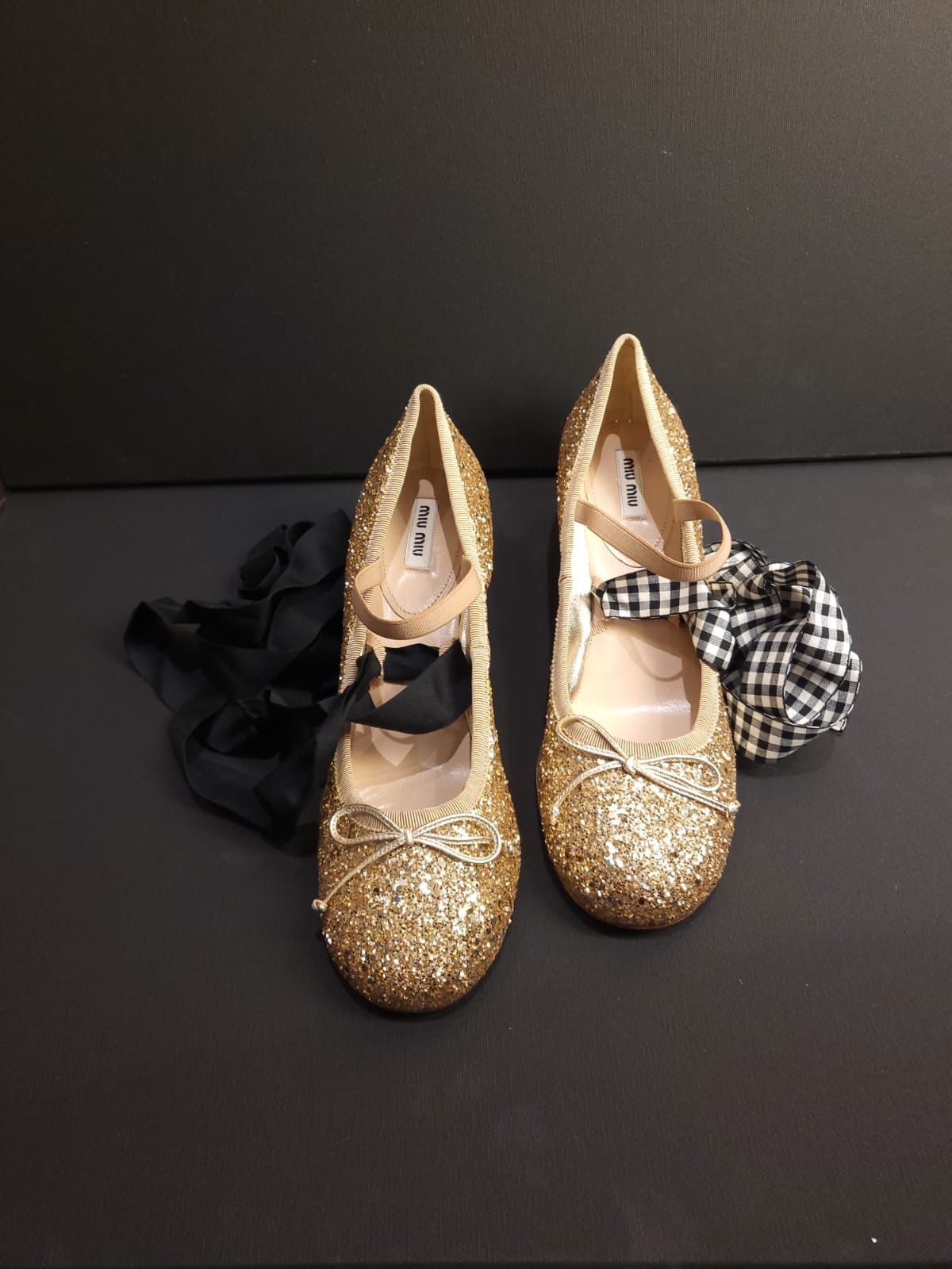 Miu Miu Gold Glitter Heeled Ballet Pumps Size 405