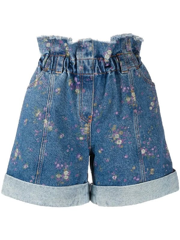 Preowned Philosophy di Lorenzo Serafini Floral Paperbag Waist Denim Shorts Size S Blue cotton