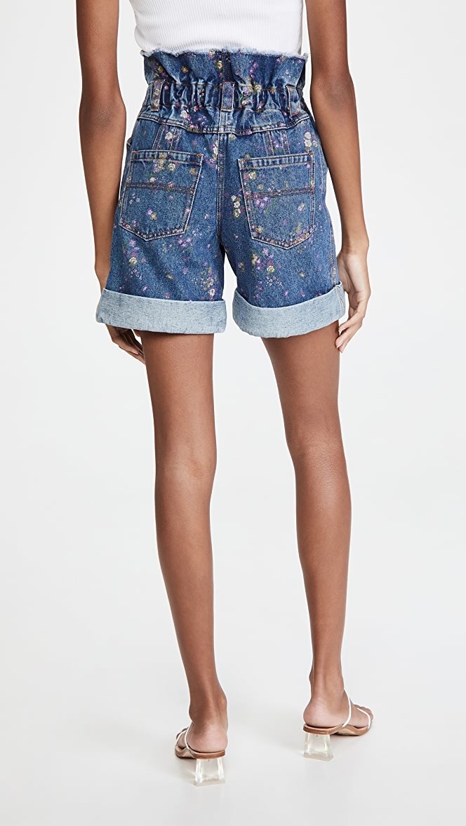 Preowned Philosophy di Lorenzo Serafini Floral Paperbag Waist Denim Shorts Size S Blue cotton