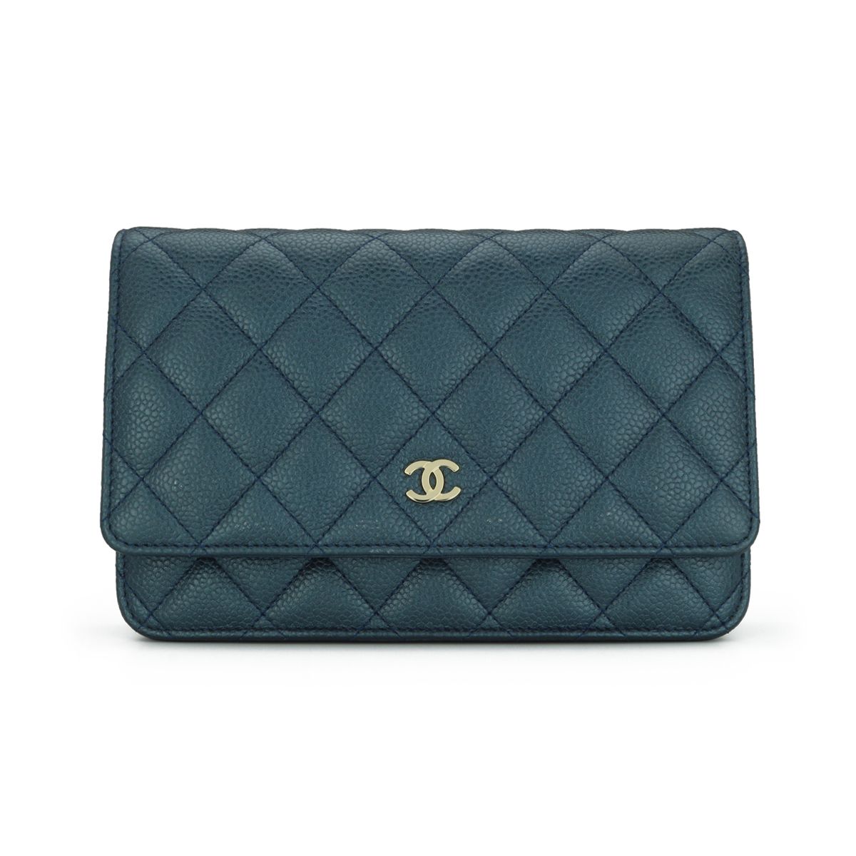 Preowned Chanel Teal Caviar Leather Wallet on Chain Metallic Iridescent Dark Blue grained calfskin-caviar