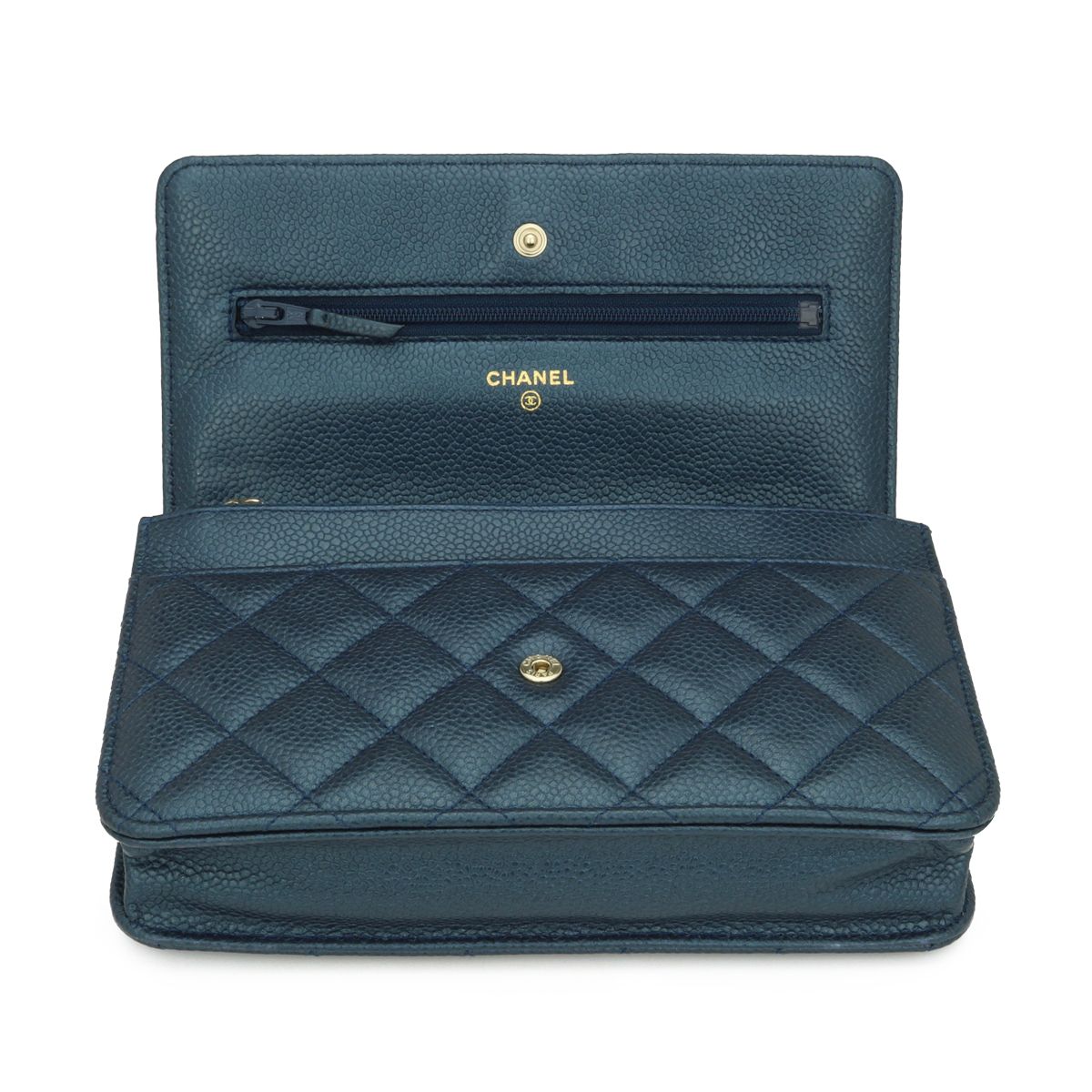 Preowned Chanel Teal Caviar Leather Wallet on Chain Metallic Iridescent Dark Blue grained calfskin-caviar