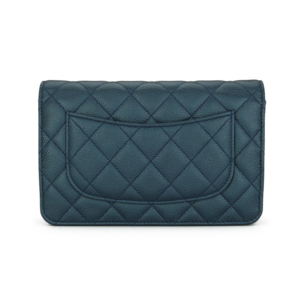 Preowned Chanel Teal Caviar Leather Wallet on Chain Metallic Iridescent Dark Blue grained calfskin-caviar