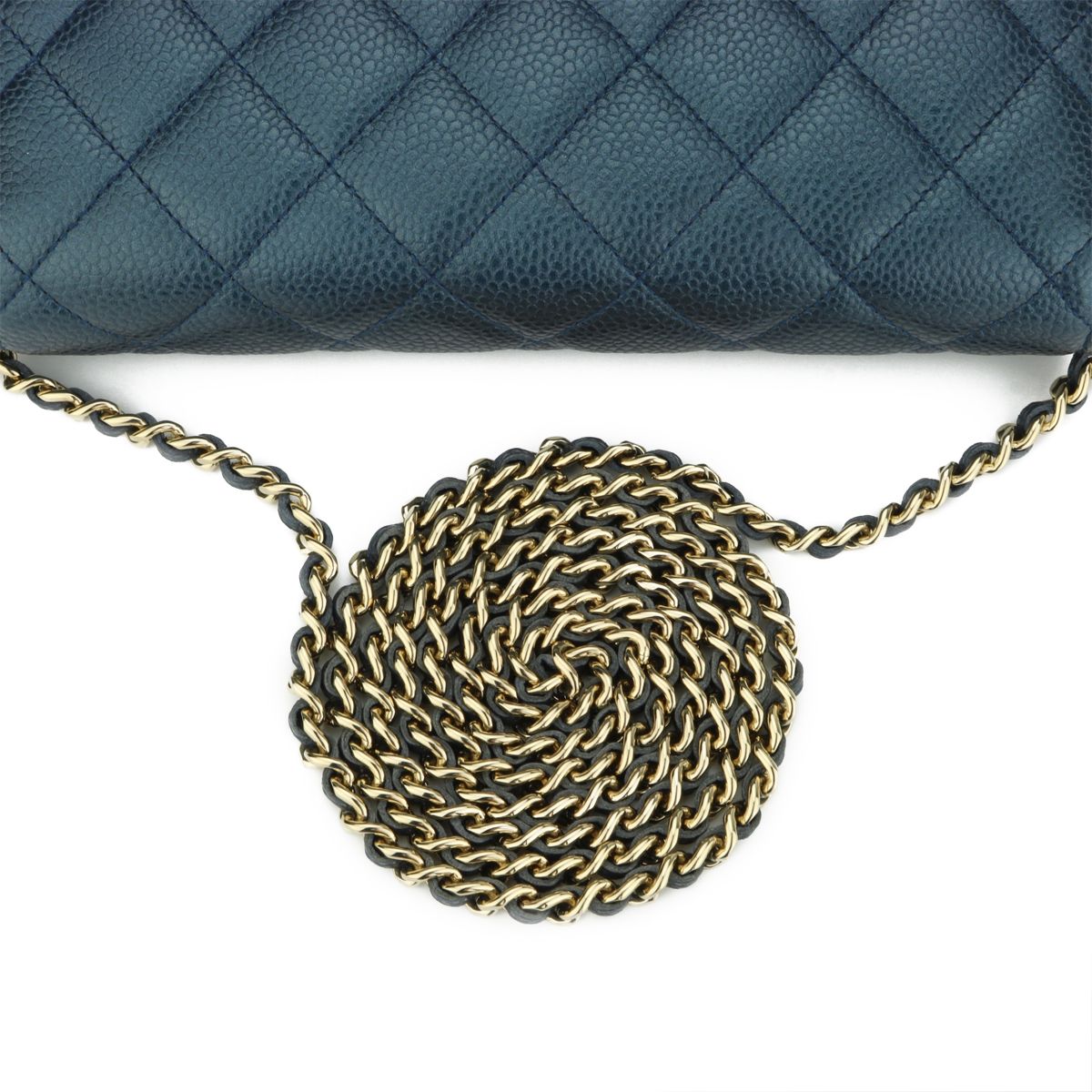 Preowned Chanel Teal Caviar Leather Wallet on Chain Metallic Iridescent Dark Blue grained calfskin-caviar