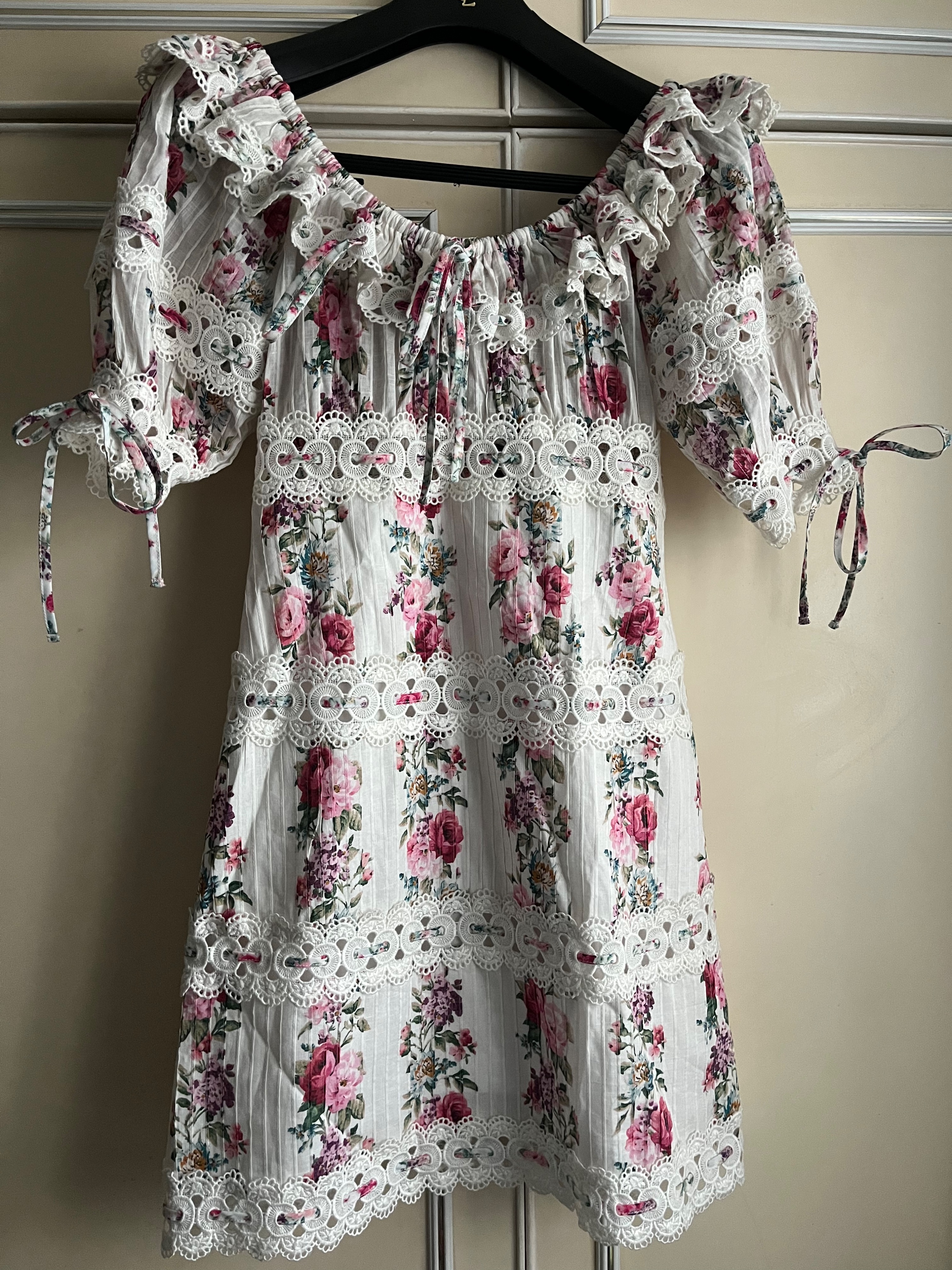 Zimmermann Cream Honour Floral Bardot Mini Dress Size S cotton