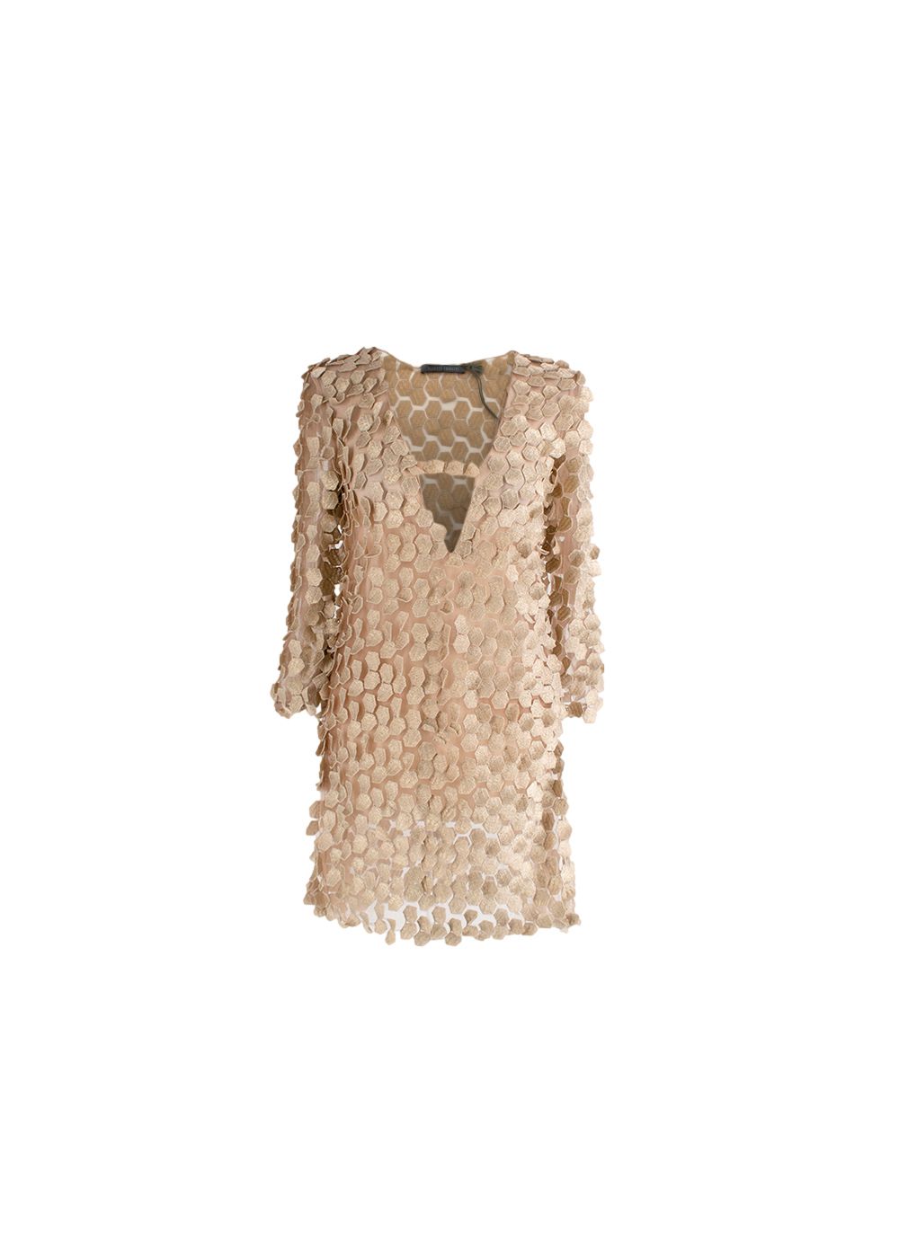 Alberta Ferretti Sheer Gold Embroidered Mesh Cut-Out Mini Dress Size XXS polyester