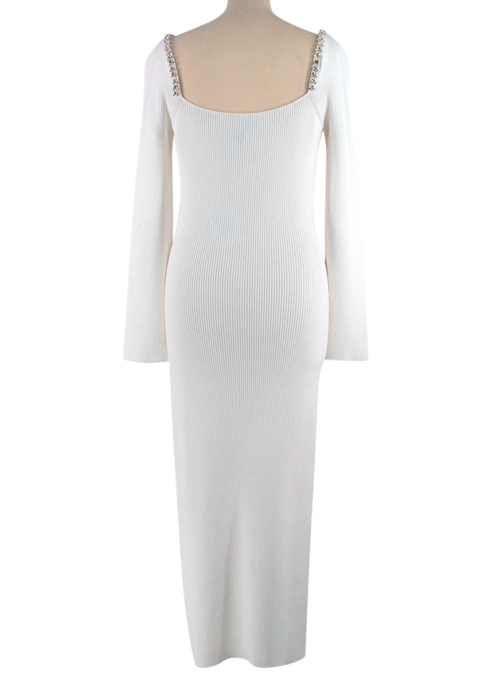 Self Portrait White Ribbed Diamanté-Trim Midi Dress Size L white silver viscose