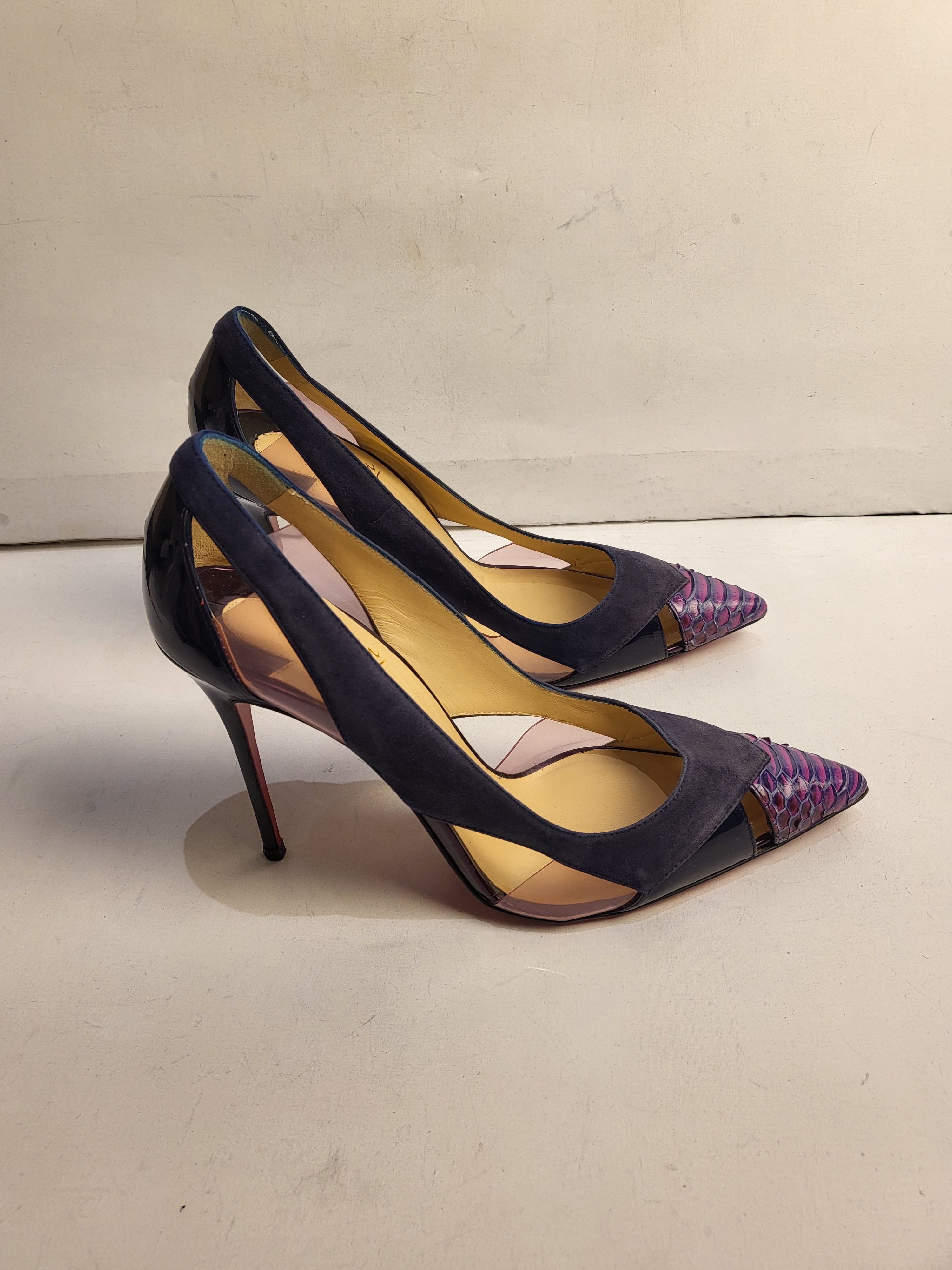 Preowned Christian Louboutin Purple Leather  PVC Galata Pumps Size 375 Multi