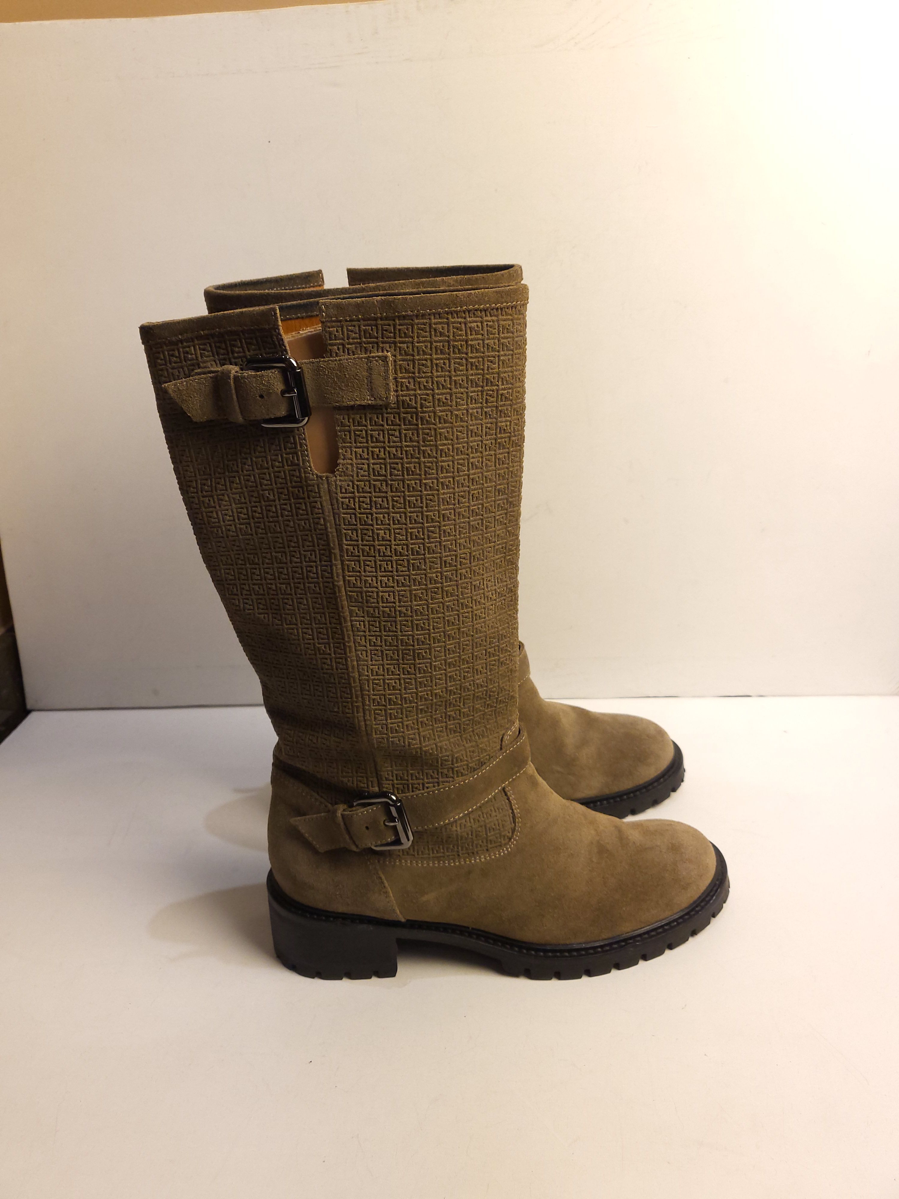 Preowned Fendi Khaki FF Suede Embossed Boots Size 365