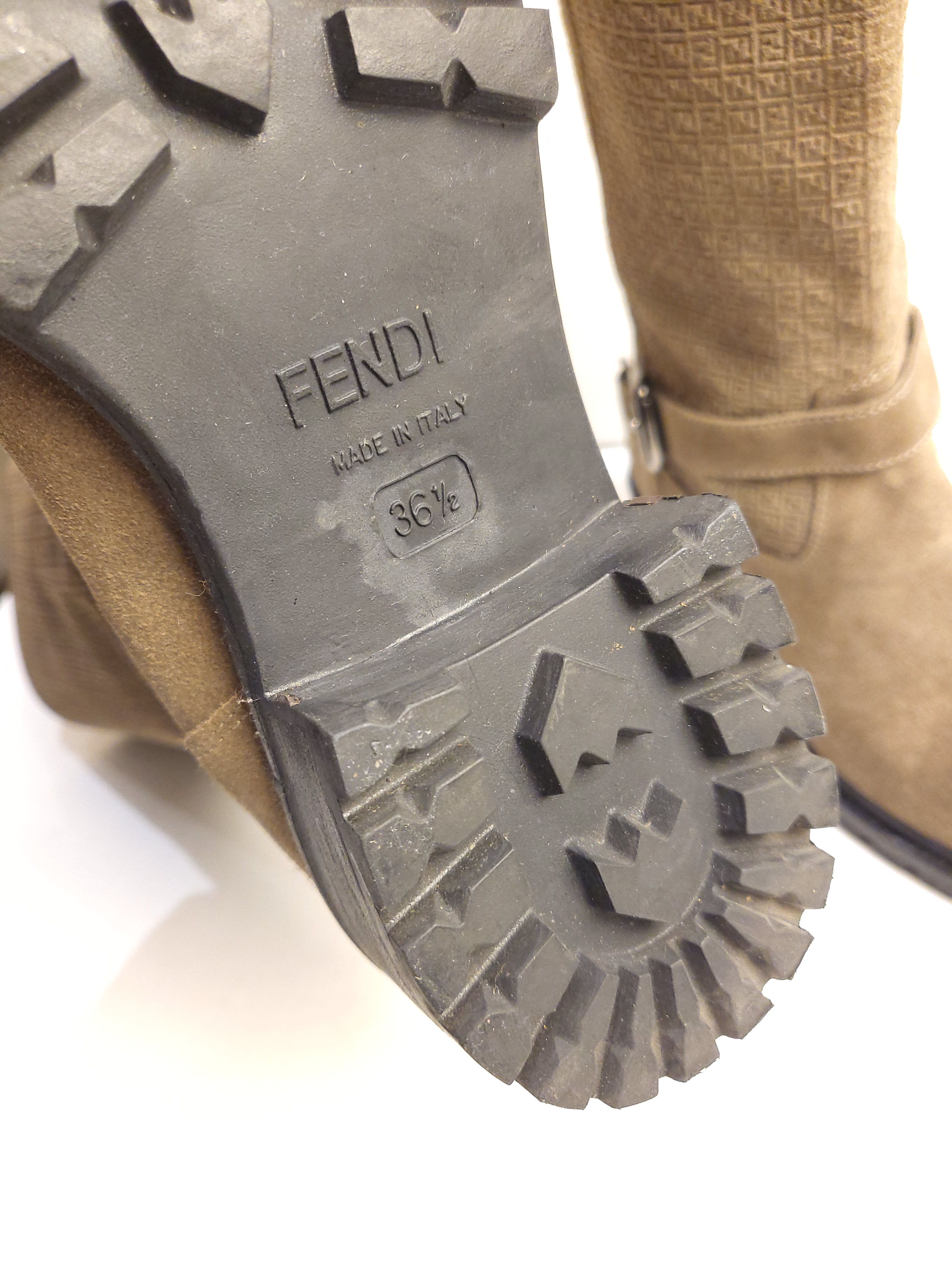 Preowned Fendi Khaki FF Suede Embossed Boots Size 365