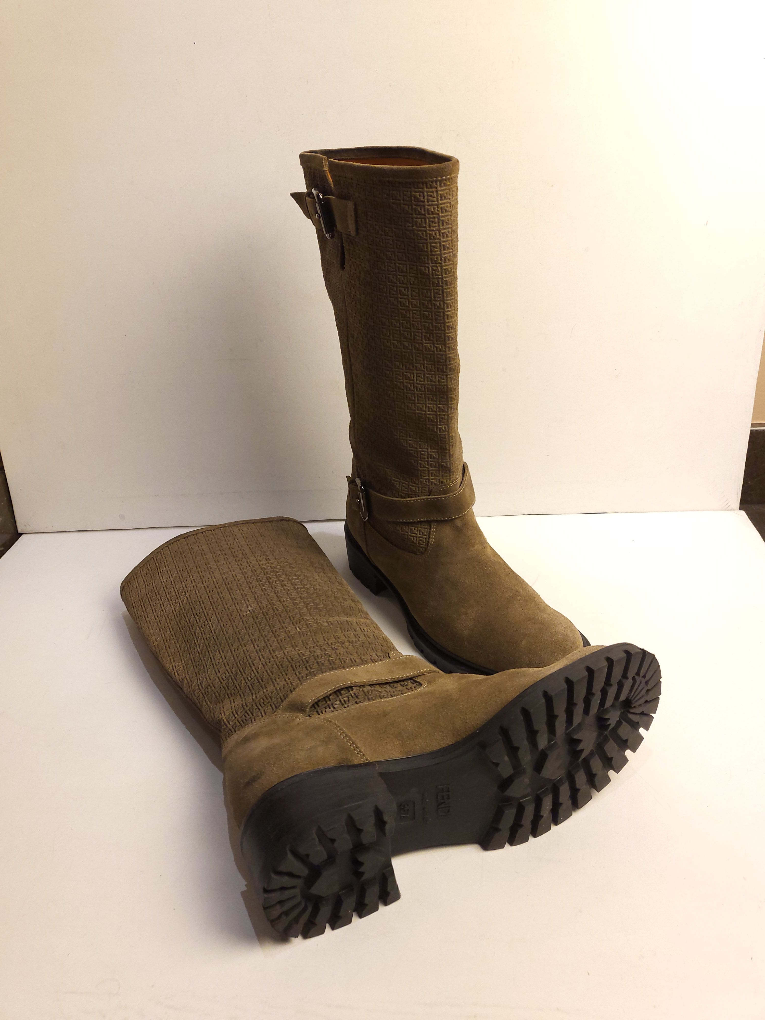 Preowned Fendi Khaki FF Suede Embossed Boots Size 365