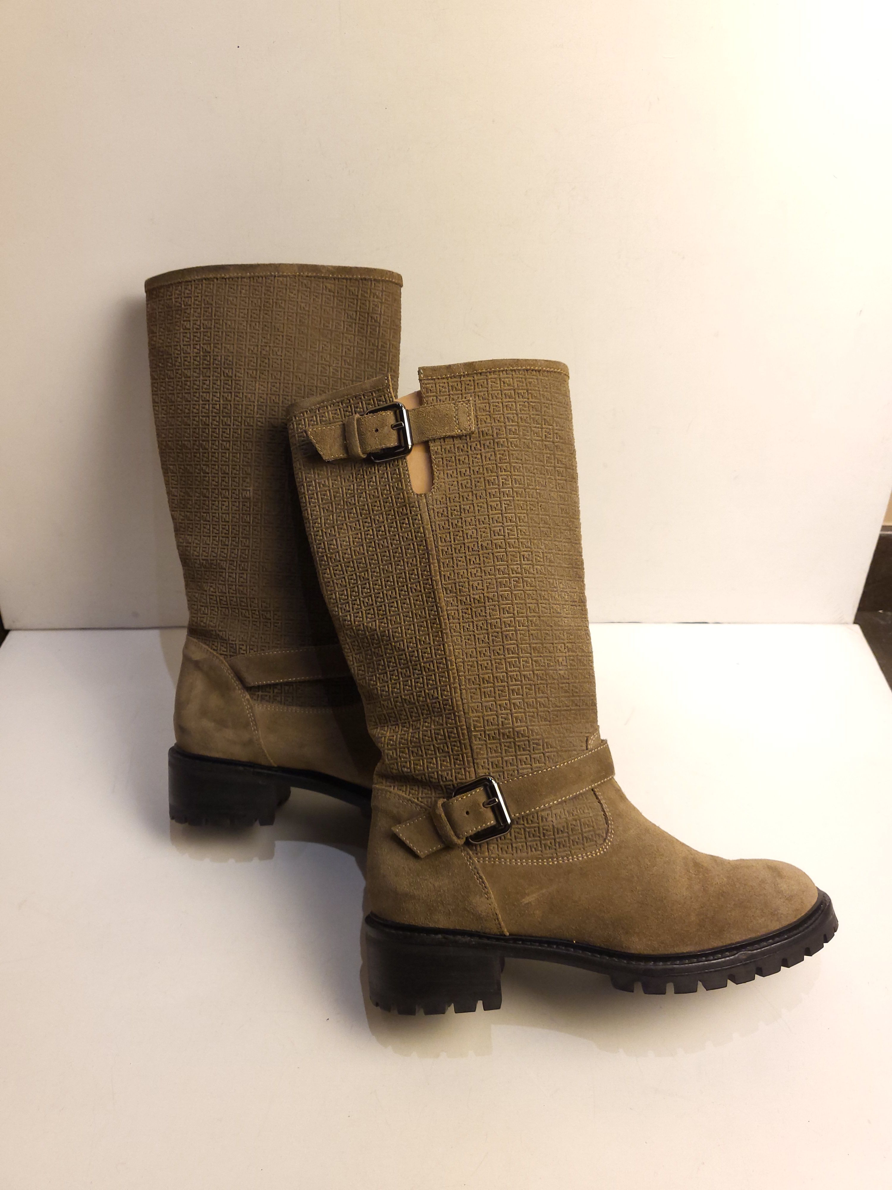 Preowned Fendi Khaki FF Suede Embossed Boots Size 365