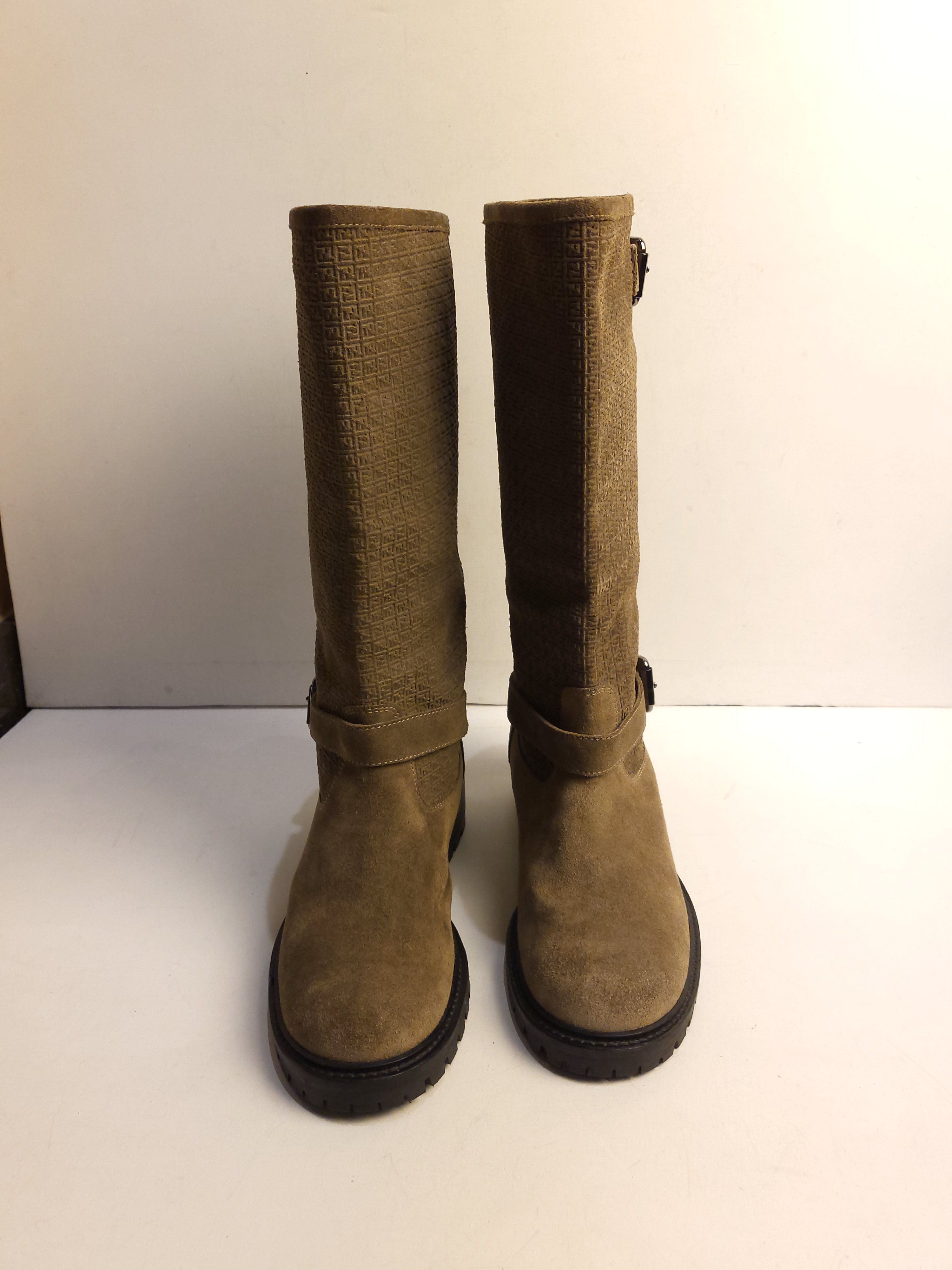 Preowned Fendi Khaki FF Suede Embossed Boots Size 365