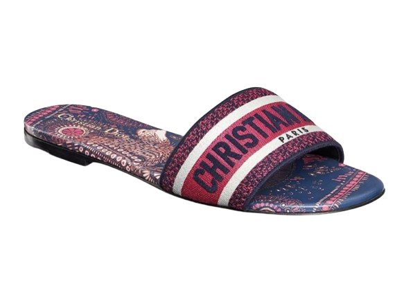 Preowned Dior Blue  Pink Embroidered D-Way Slides Size 38 Cerise Navy cream leather/fabric