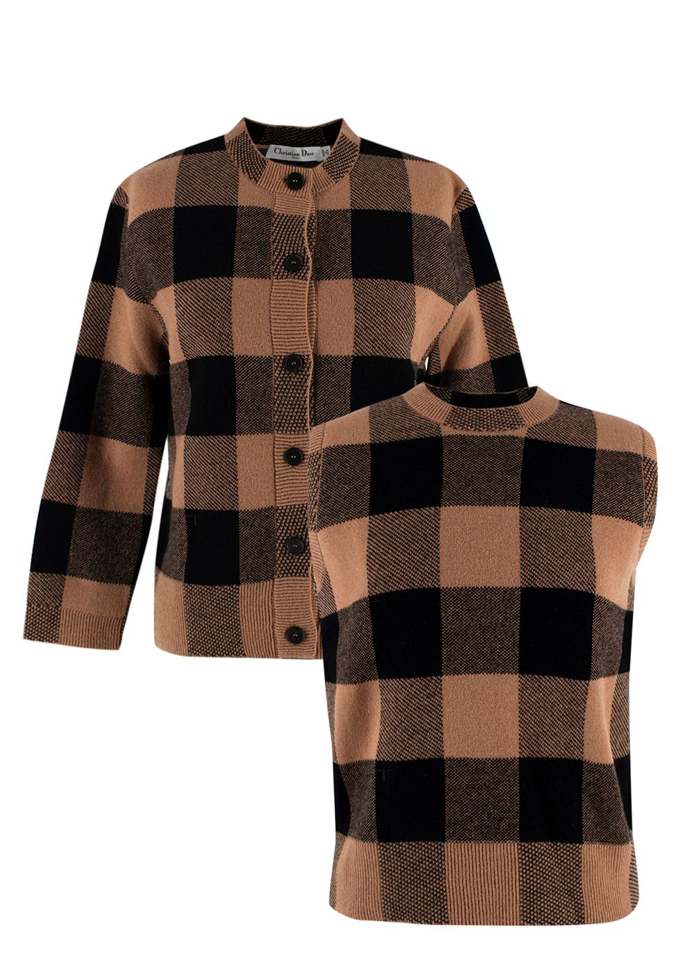 Dior Brown and Black Check Cashmere Cardigan and Vest Top Set Size S brown black