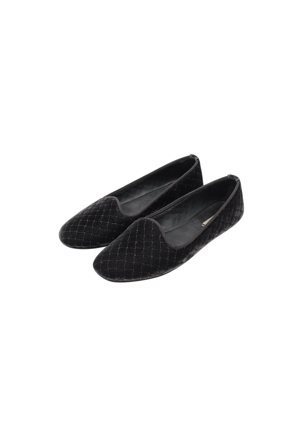 Preowned Bottega Veneta Quilted Velvet Gondoliera Flats Size 37 Black leather