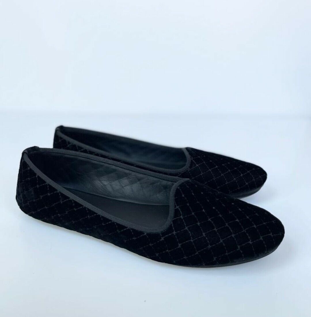 Preowned Bottega Veneta Quilted Velvet Gondoliera Flats Size 37 Black leather