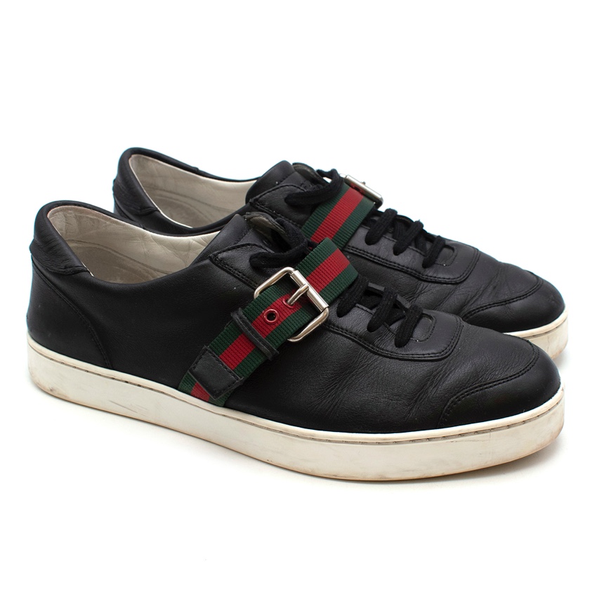 Gucci Black Leather Web Buckle Trainers Size 43