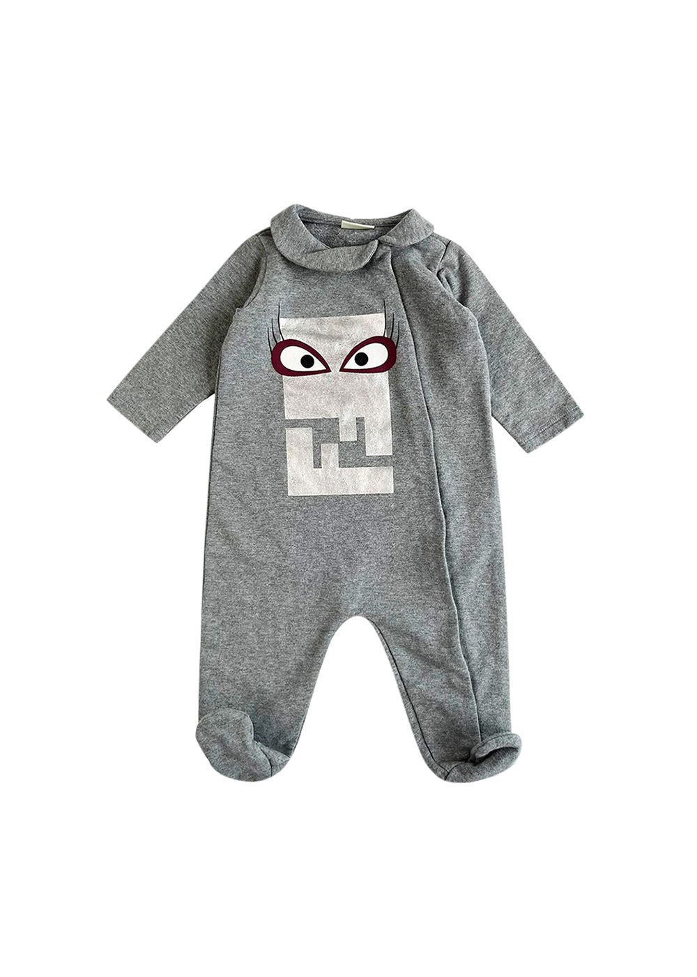 Boys Preowned Fendi FF Monster Print Grey Cotton Onesie Size 6-9 Months