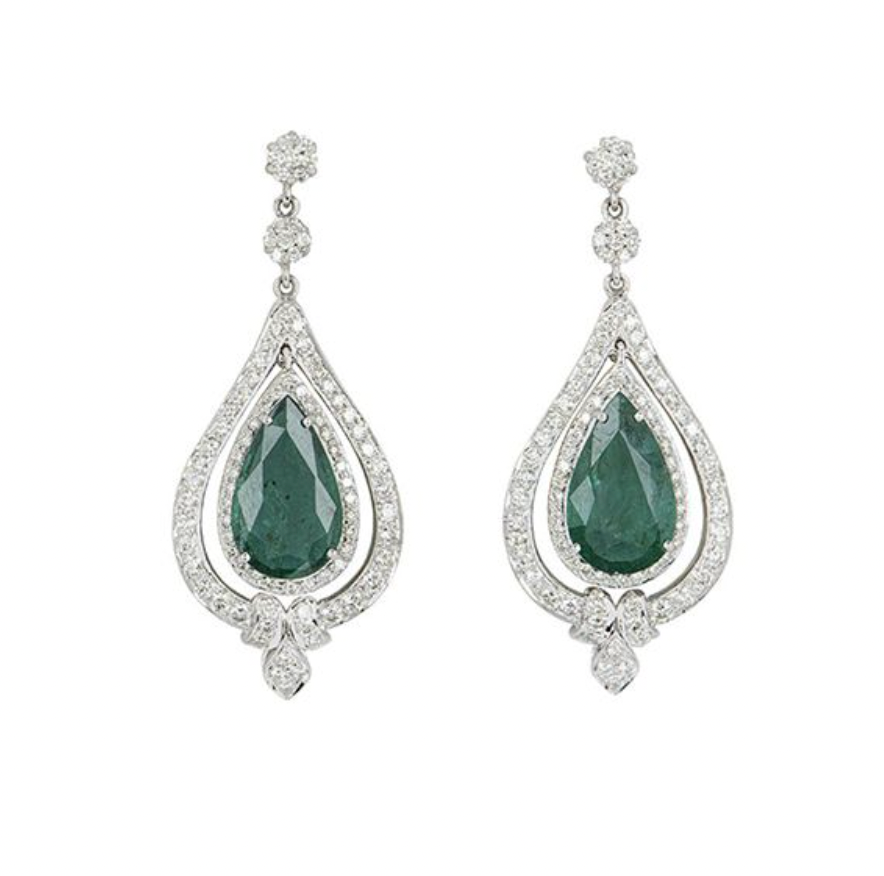 18ct white gold white diamond  emerald drop earrings Green white gold