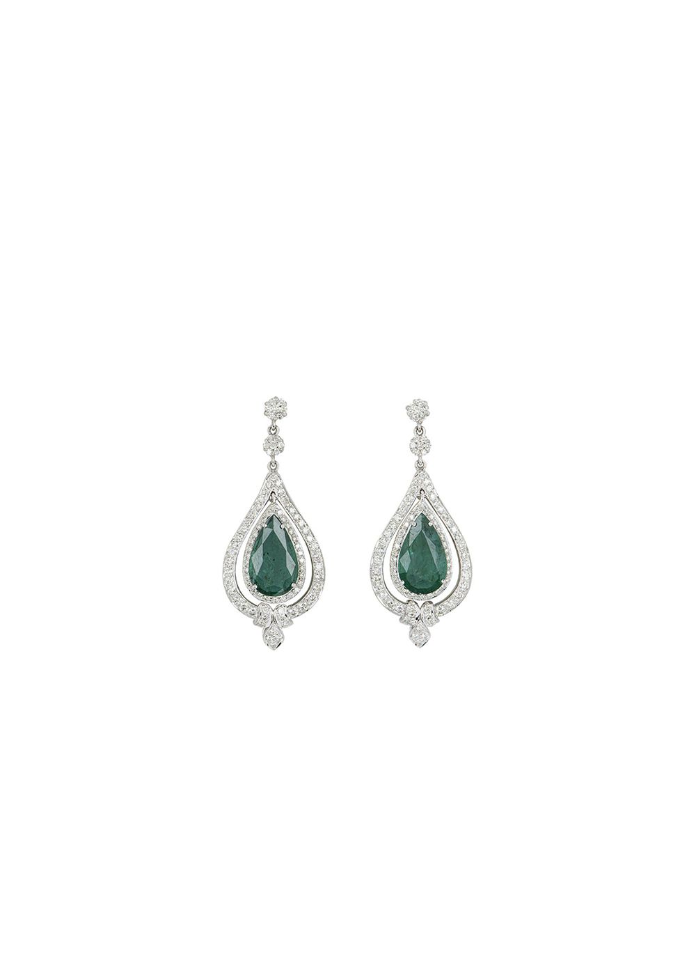 18ct white gold white diamond  emerald drop earrings Green white gold