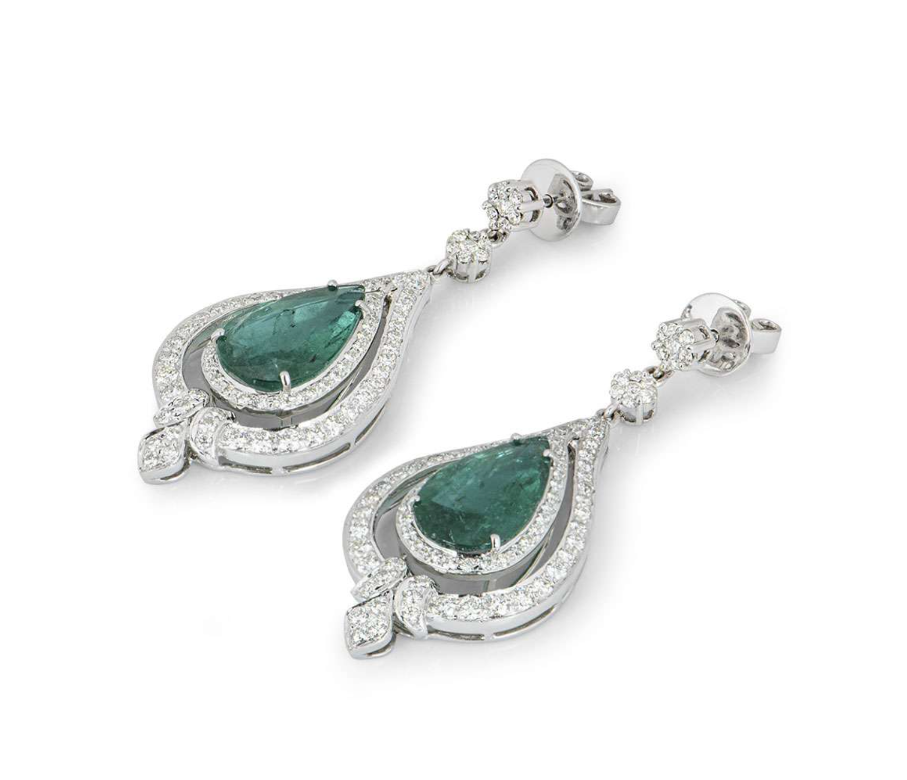 18ct white gold white diamond  emerald drop earrings Green white gold